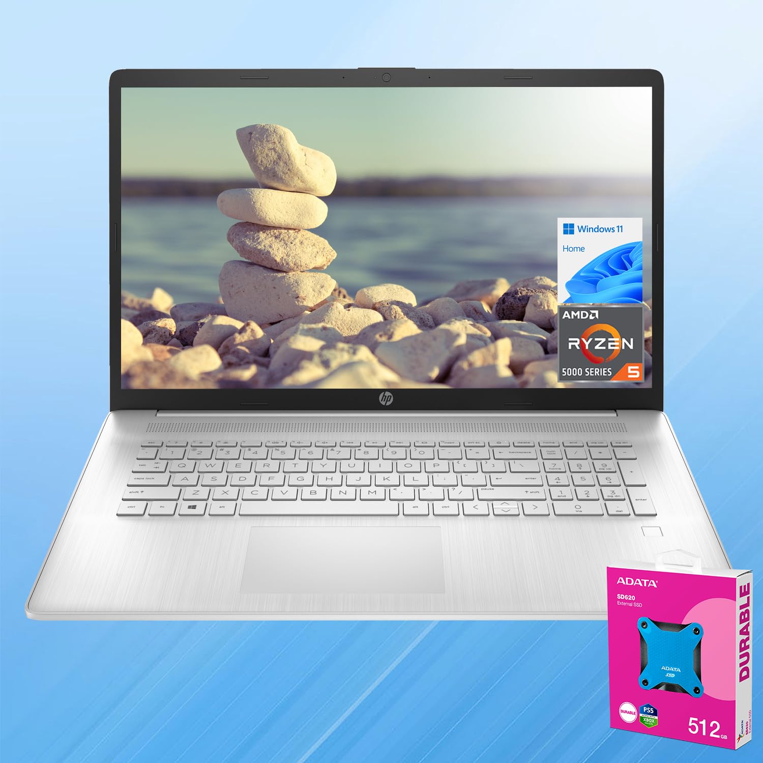 HP Essential 17.3 FHD Daily Laptop, 1920 x 1080 60Hz, AMD Ryzen 5 5500U, 16GB RAM, 1TB SSD, Bundle with ADATA External 512GB SSD