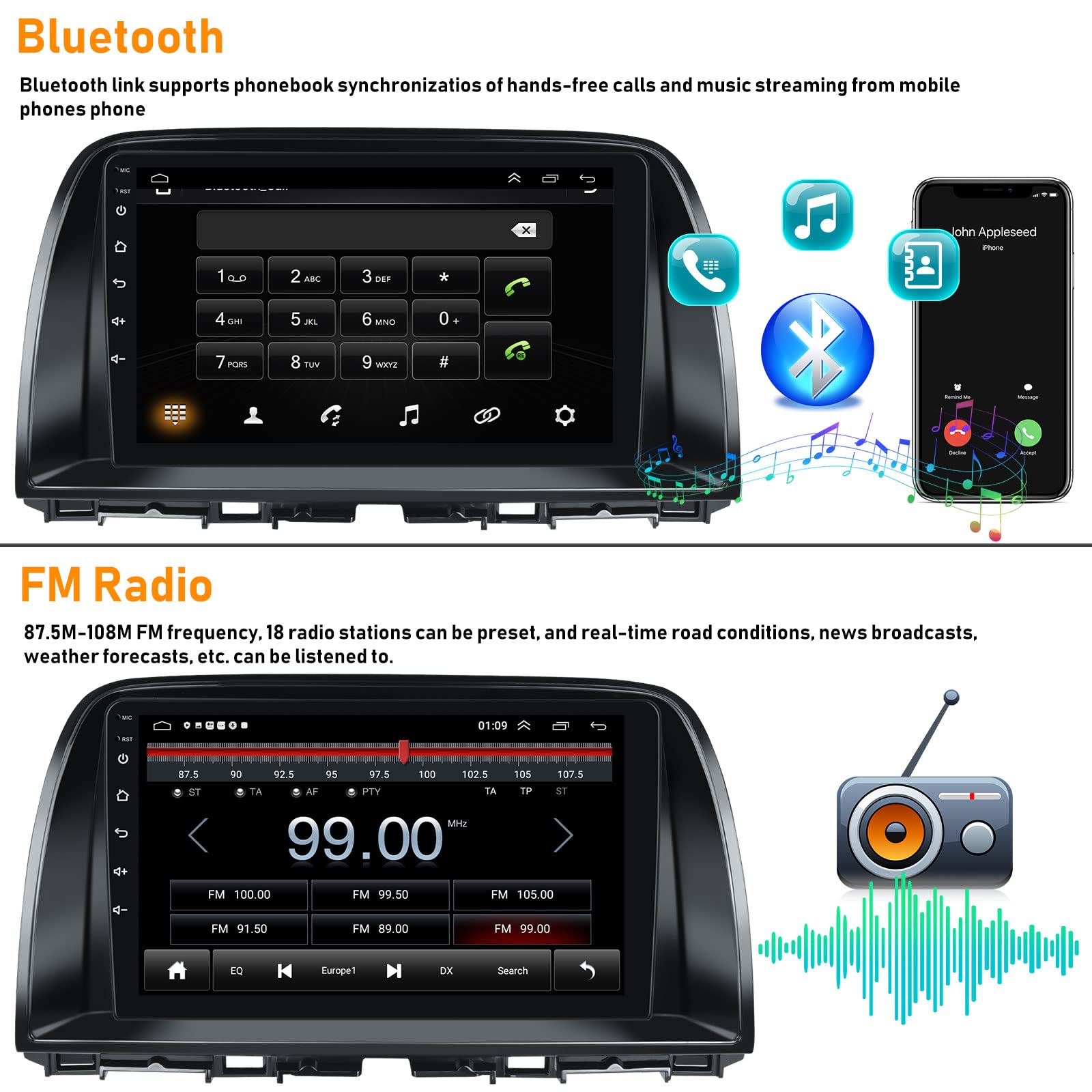 2G+64G Android 13 Car Stereo For Mazda Cx 5 2012 2015 With Wireless Apple Carplay Android Auto,9'' Touchscreen Car Radio With Gp