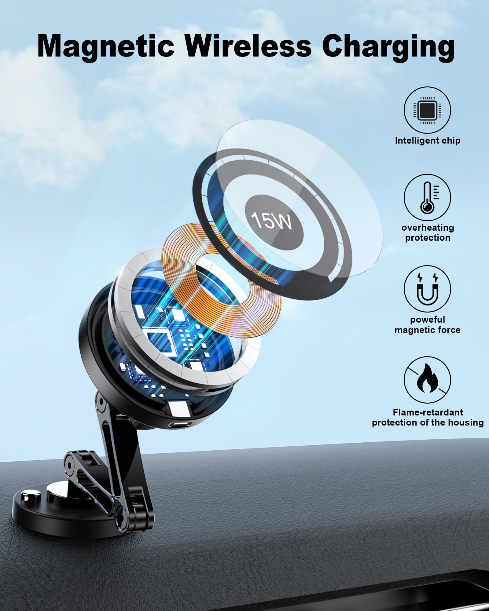 Zbf Magnetic Wireless Car Mount Charger, 15W Fast Charging Mag-Safe Car Mount,Magnetic Car Phone Holder Mount, Car Cell Phone Ho
