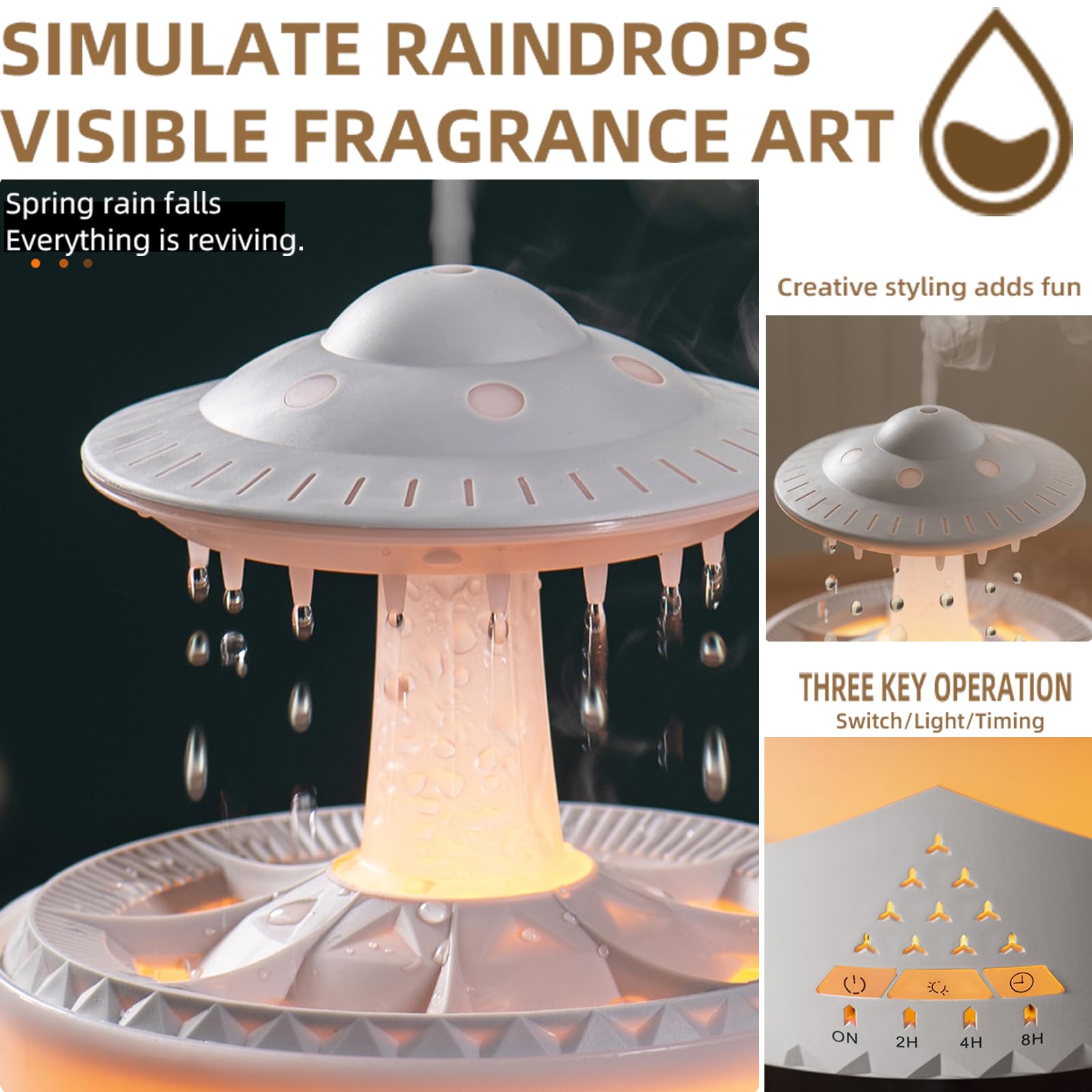 Raindrop Humidifier For Bedroom Large Room  Air Humidifiers And Aromatherapy Diffuser,Ultrasonic Humidifier,Quiet Humidifier Wit