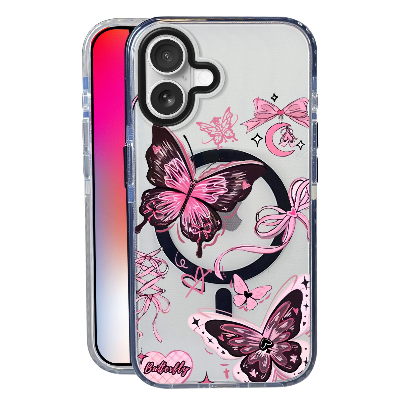Nimeey Butterfly Bow for iPhone 16 Case,MagSafe Compatible,Matte Soft Slim Shockproof Cover,Anti-Fingerprint,Anti-Yellowing,Anti