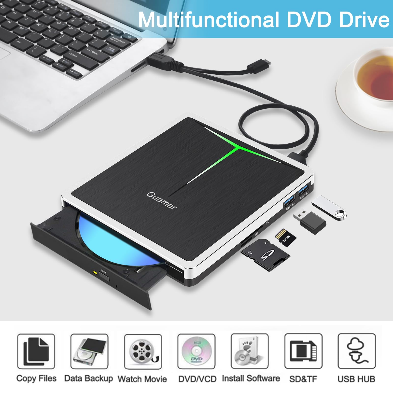 Guamar External Cd Dvd Drive, Usb 3.0 Usb C Cd/Dvd Burner Dvd Player For Laptop, Portable Cd Rom Disk Drive Reader Writer For Pc