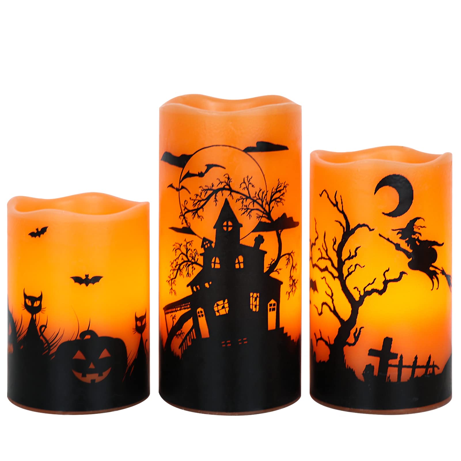Wondise Halloween Flickering Flameless Candles With 6 Hour Timer, Battery Operated Led Real Wax Candles Set Of 3 Halloween Home