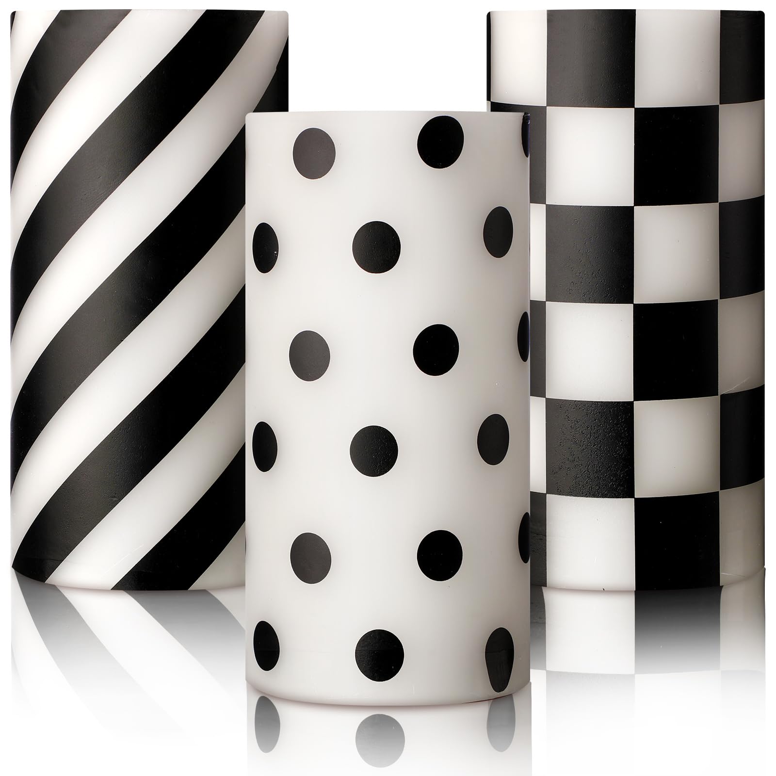 Roceei 3 Pcs Black And White Christmas Flameless Candles Battery Operated Flickering Candles Led Candles Real Wax Pillar Candle
