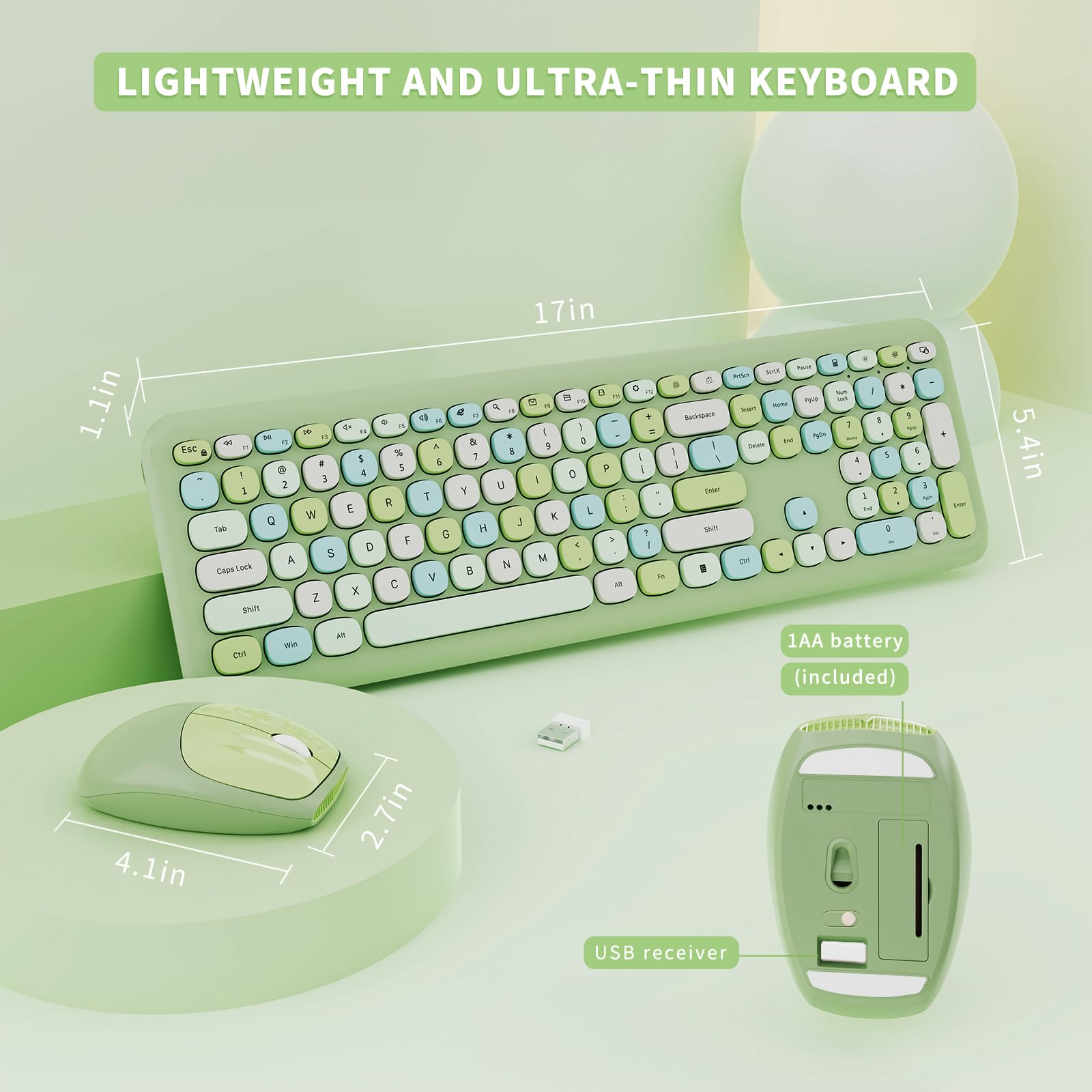 SkyGive Wireless Keyboard and Mouse Combo Retro Full Size Ergonomic Low-Noise Cute Keycaps Verdant Green