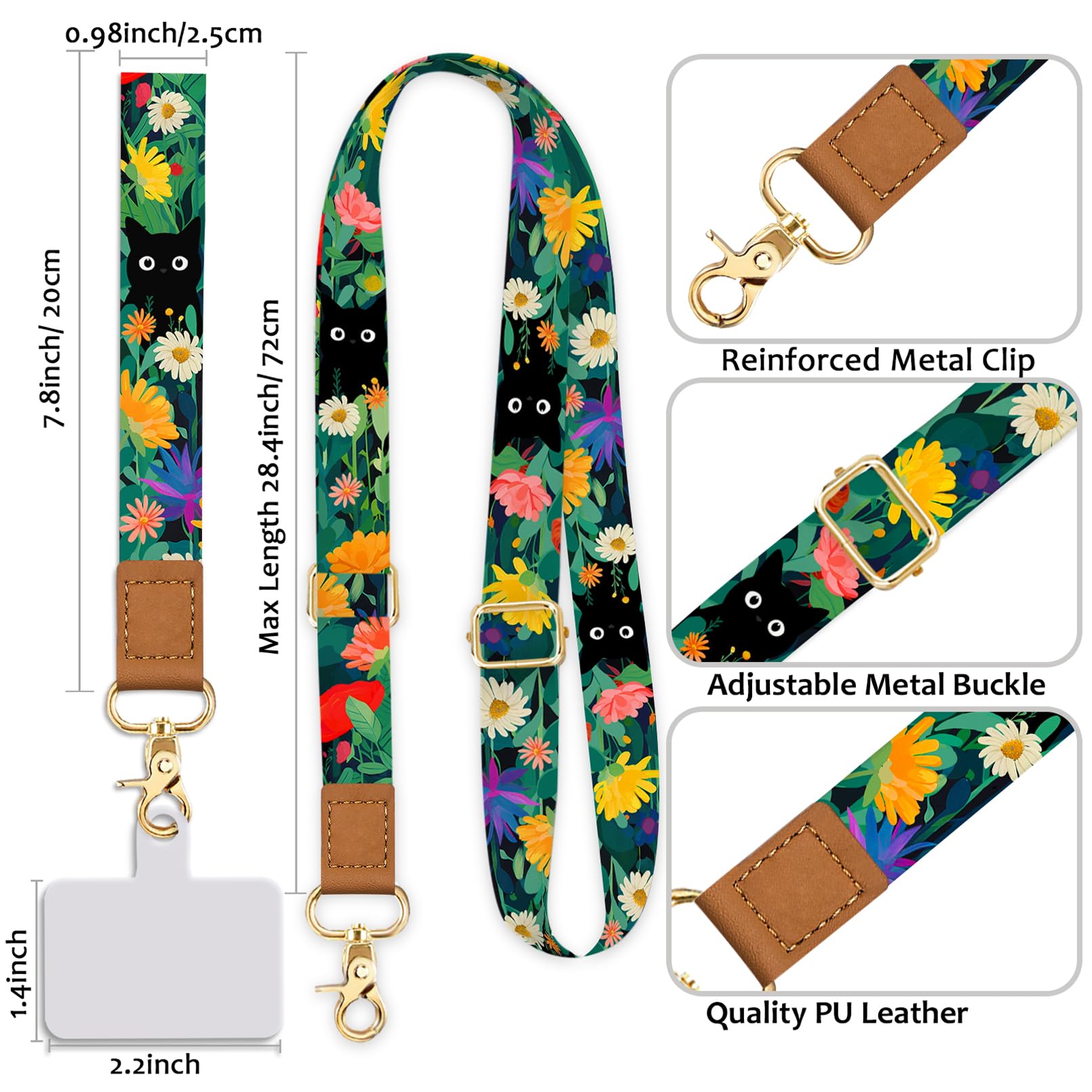 Yonlevres Phone Lanyard Crossbody With Wrist Strap, Flower Cat Cell Phone Lanyards For Around The Neck Wristlet Adjustable Phone