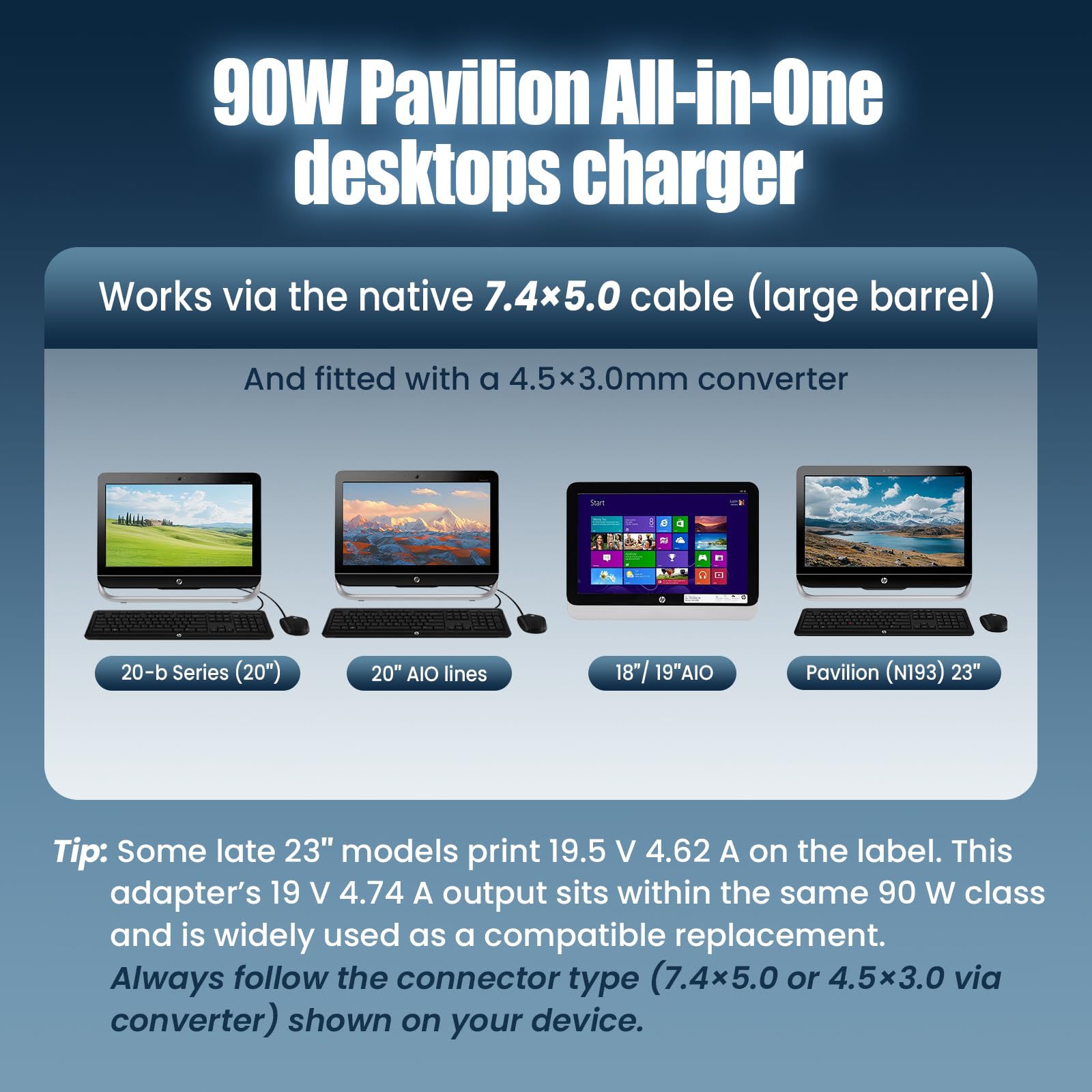 90W Power Cord For Hp Pavilion All In One Desktop Charger Hp 18'' 19'' 20' 21' 32' Hp Pavilion (N193) 20' 23'' Pc 18 5110 19 2304 20 B010 20 B013W Monitor Charger Gaming Power Supply