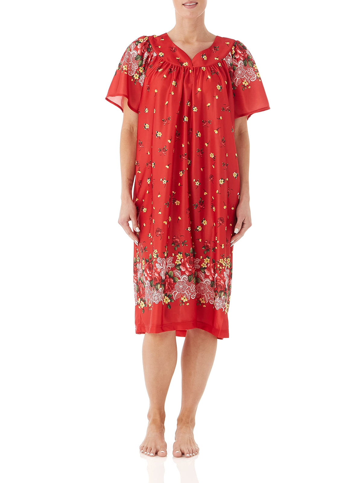 Amerimark Womens  Womens Plus Floral Flower Lounge Dress  Short Sleeve Gown Sleepwear For Ladies, Olivia Red, Lg