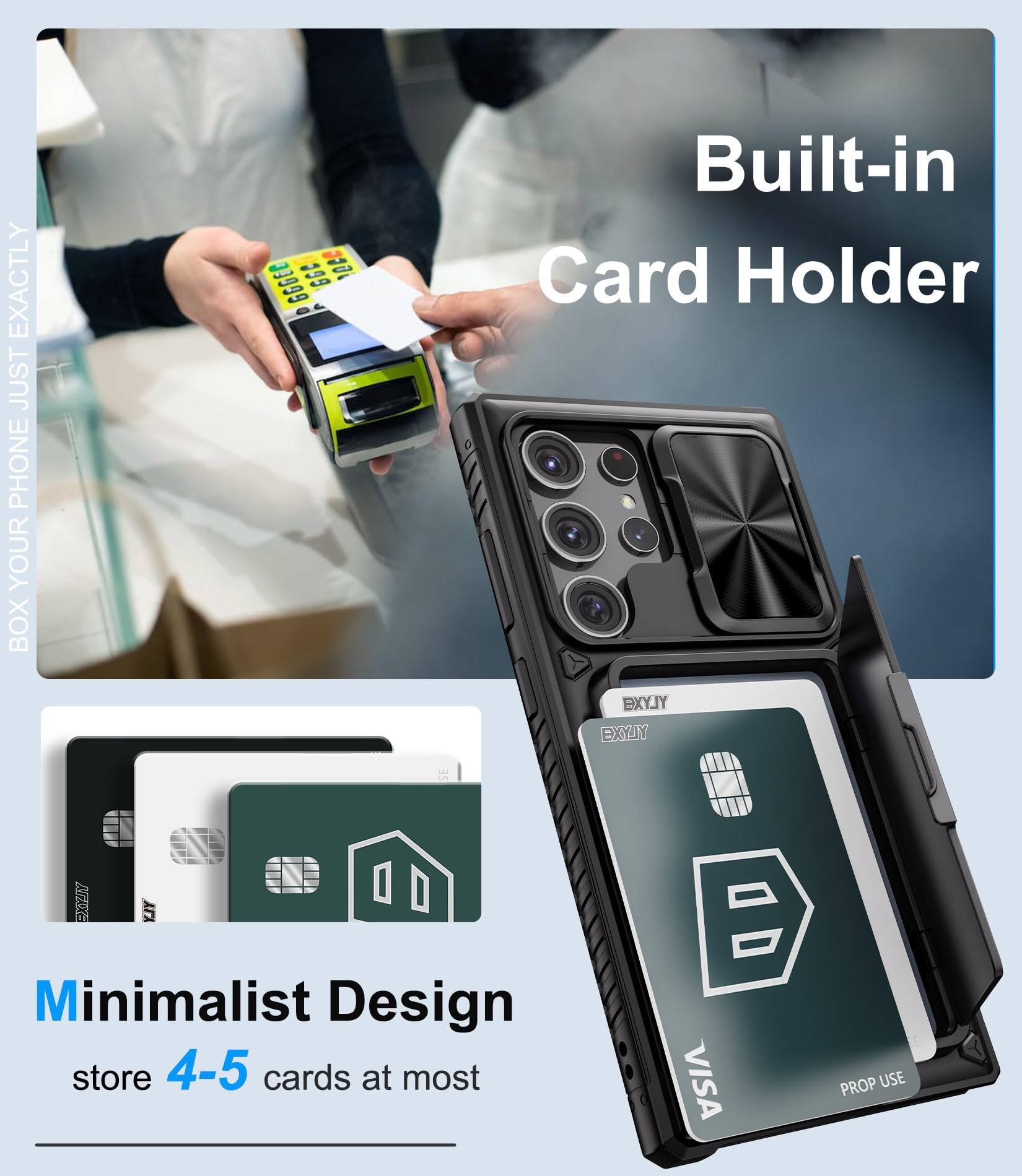 Bxyjy For Samsung Galaxy S24 Ultra Case Wallet, Built In Card Holder (4 5 Cards) & Slide Camera Cover & Kickstand, Military Grad