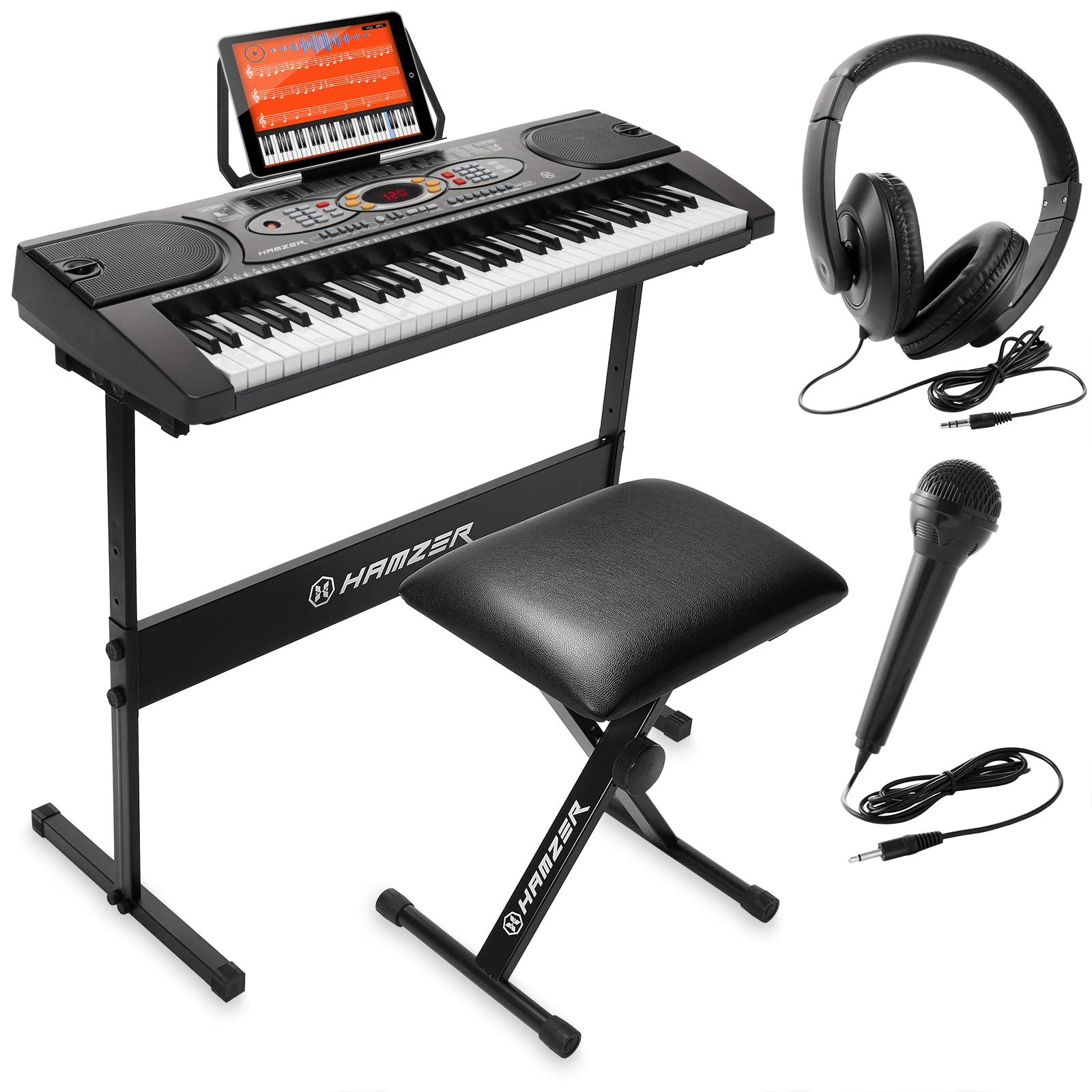 Hamzer 61 Key Electronic Keyboard Portable Digital Music Piano With H Stand, Stool, Headphones, Microphone, & Sticker Set
