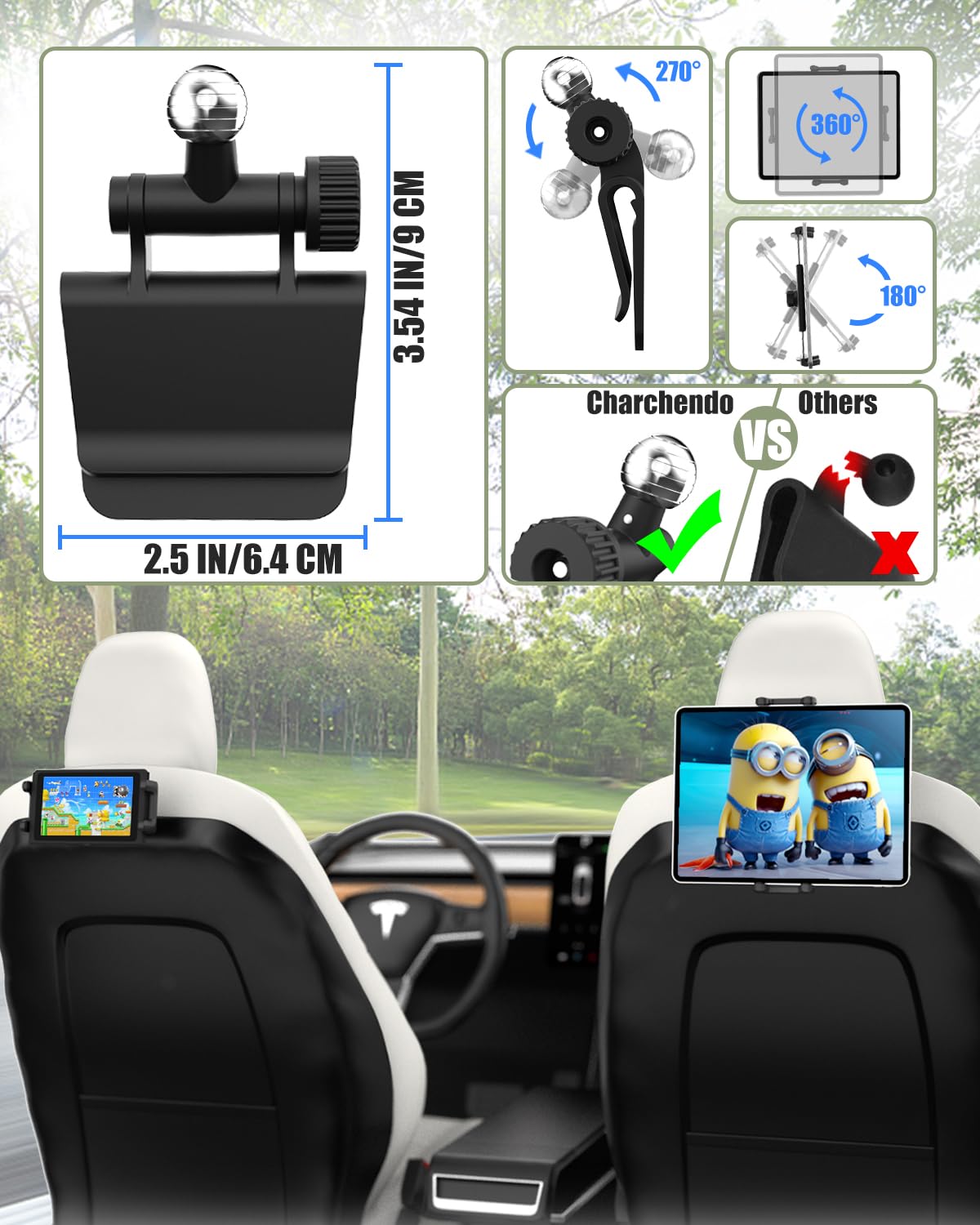Charchendo Tablet Mount for Tesla Model Y & 3, Adjustable iPad Holder, Fits 4-13" Devices, Black, Durable ABS Material, Model 80c08c81-d811