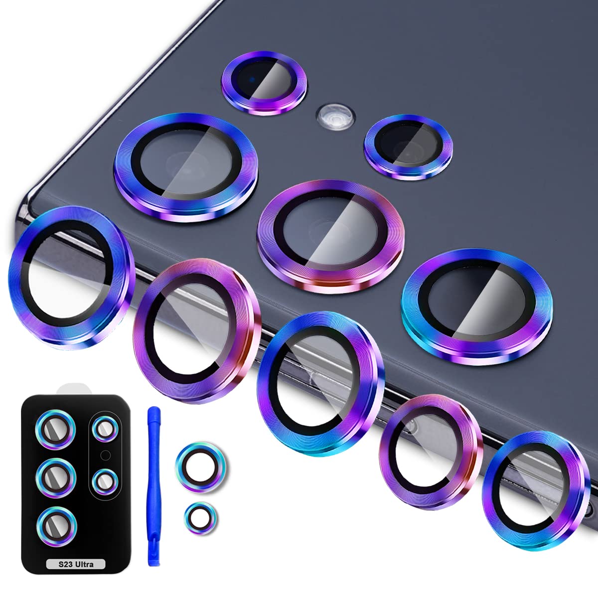 Tiuyao [5+2] Camera Lens Protector For Samsung Galaxy S23 Ultra, Tempered Glass Aluminum Alloy Ring Lens Cover With [Installatio