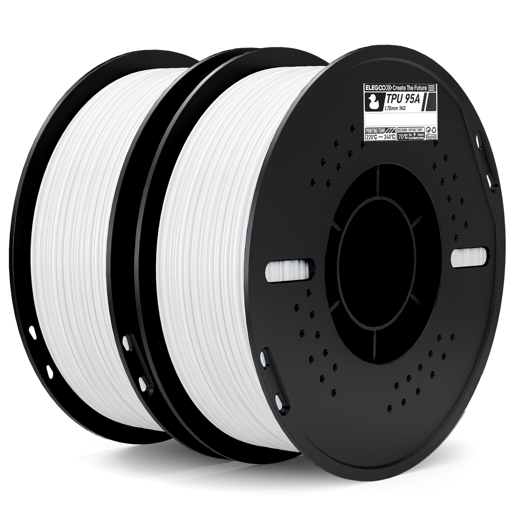 ELEGOO TPU Filament 1.75mm White 2KG, 95A Flexible Soft 3D Printing Filament 2pcs 1KG Spool(2.2lbs) Fits for Most FDM 3D Printer