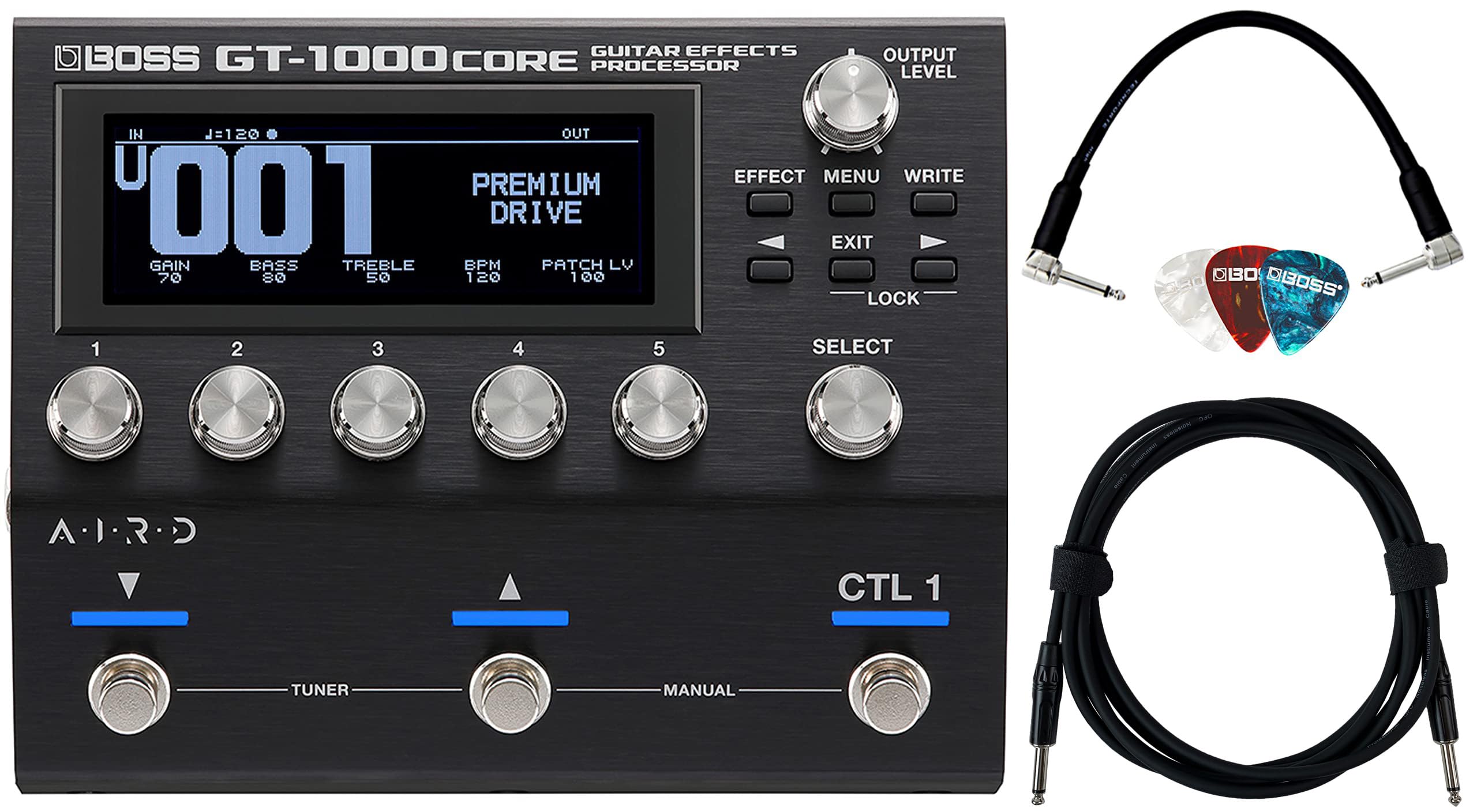 Boss Gt 1000Core Guitar Effects Processor Bundle With Instrument Cable, Patch Cable, And Picks