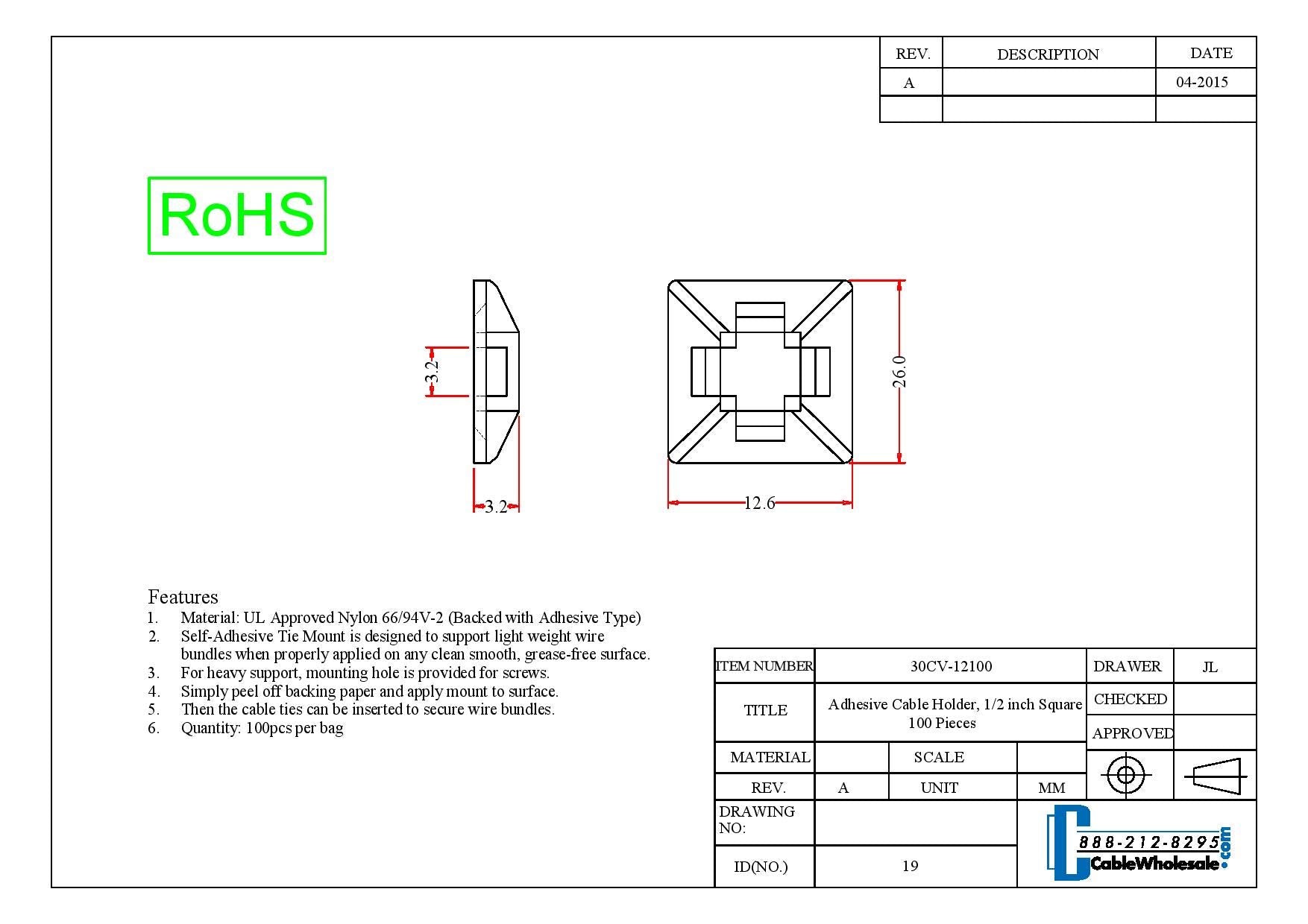 Adhesive Cable Holder, 100 Pieces, 1/2 Inch Square