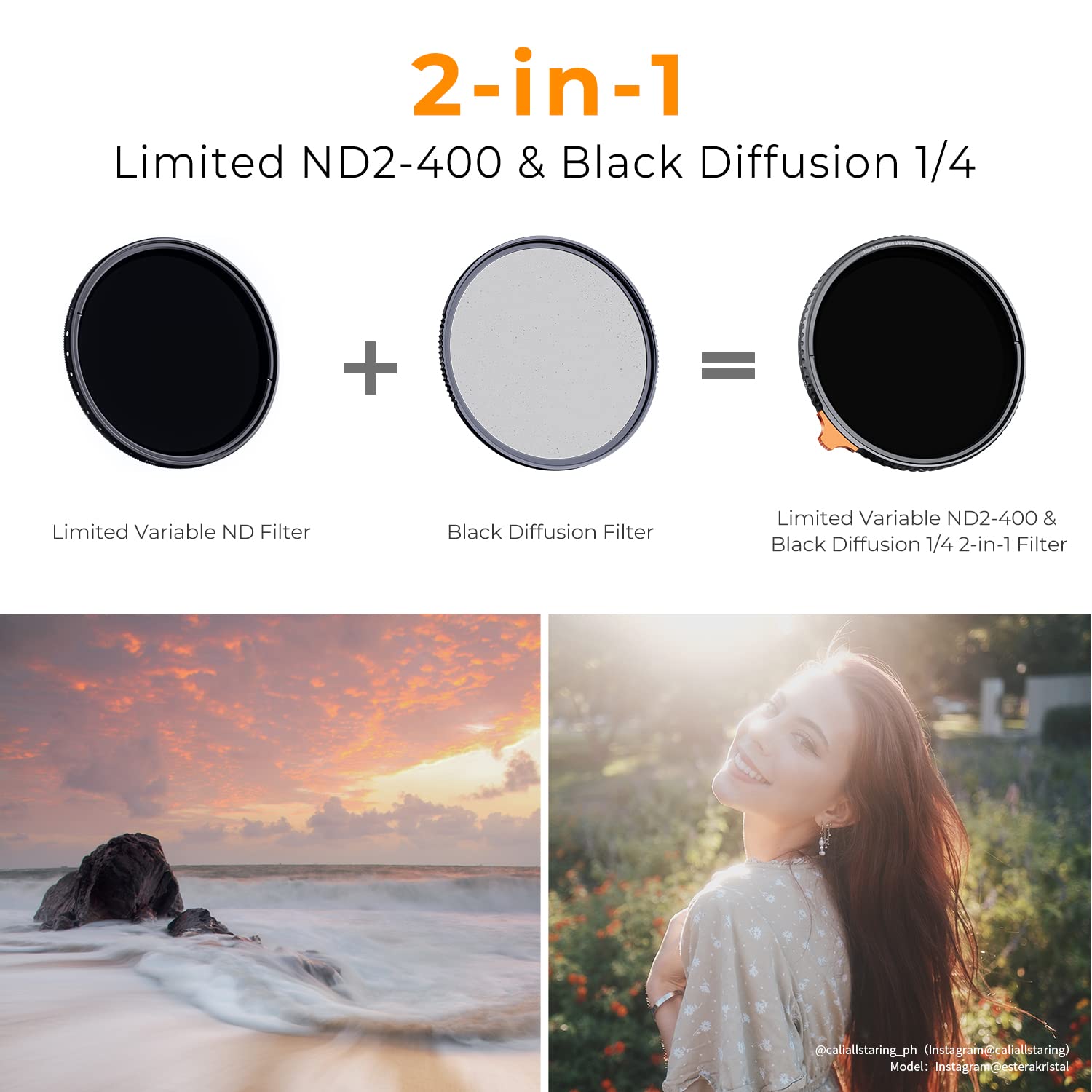 K&F Concept 58Mm Black Diffusion Mist 1/4 Effect & Variable Nd2 400 (1 9 Stops) Nd Lens Filter 2 In 1, Putter Adjust Multi Funct