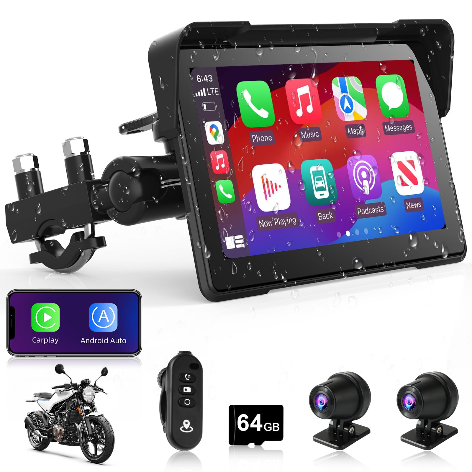 Motorcycle Carplay & Android Auto 7 Inch Motorcycle Dvr Wireless Carplay Screen For Moto With Dual 2K Cameras Gps Navigation For