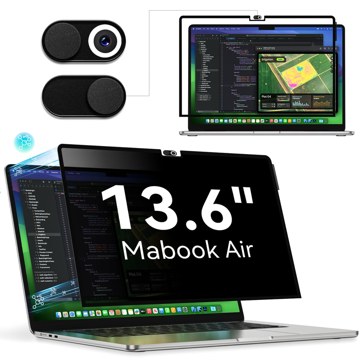 Privacy Screen Protector Compatible With Macbook Air M2 13.6 Inch (2022 Release), Easy On/Off Removable Anti Spy Blue Light Glar