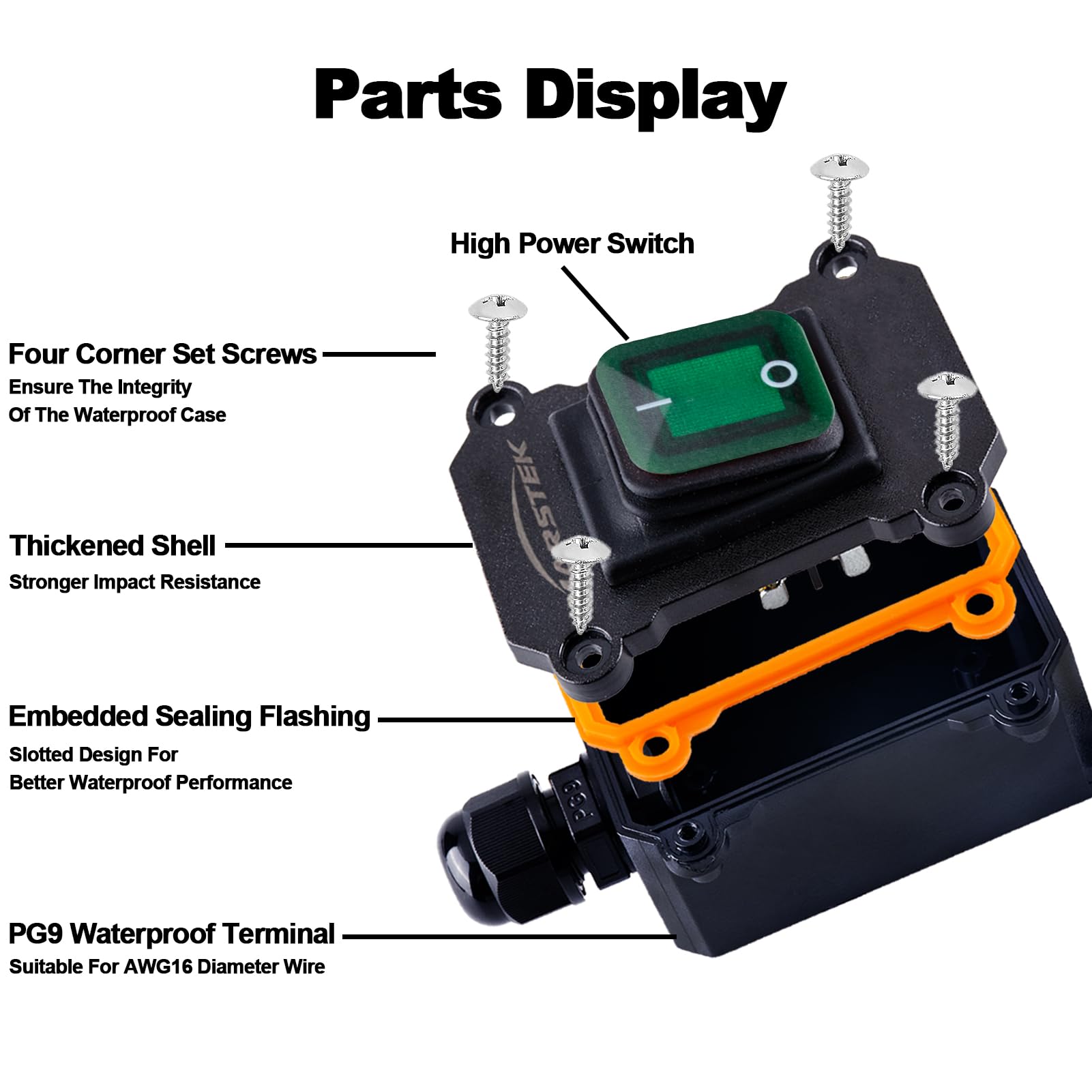 Marstek Heavy Duty Waterproof Extension Cord With On/Off Switch,Inline Cord Switch With 3 Ft 16Awg Cable Piggyback Plug(3 Pronge