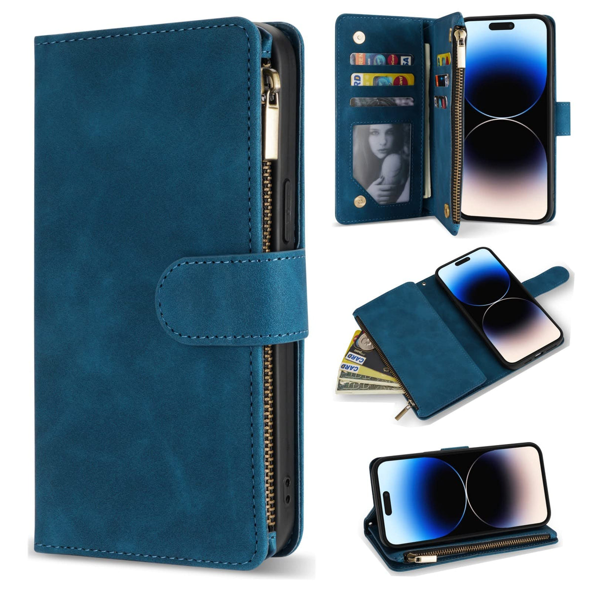Zzxx Iphone 14 Pro Max Case Wallet With [Rfid Blocking] Card Slot Soft Pu Leather Zipper Flip Folio With Wrist Strap Kickstand P