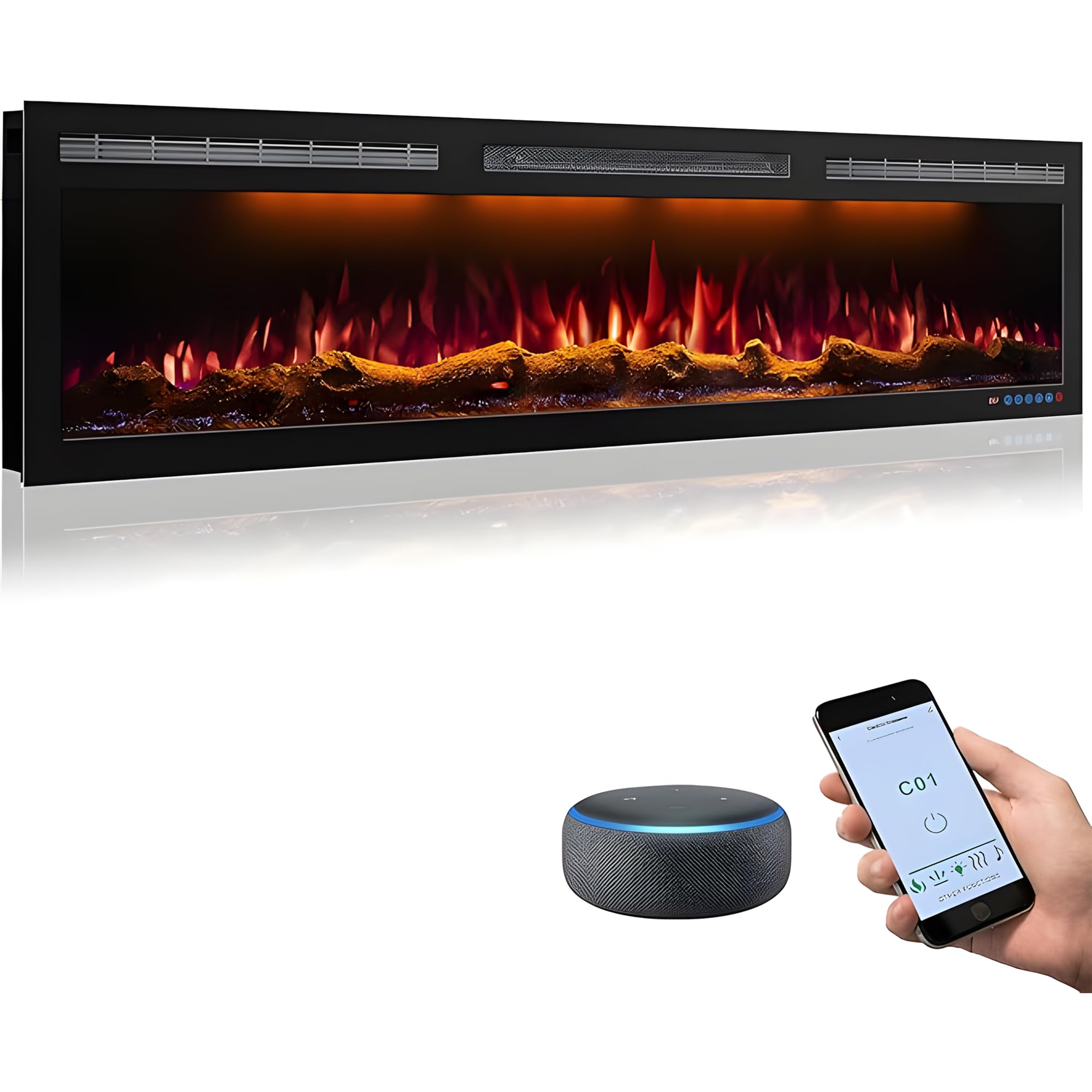 Mystflame WiFi-Enabled Electric Fireplace Recessed & Wall Mounted, 60 Inch Slim Electric Fireplace Heater, 750/1500w, Adjustable