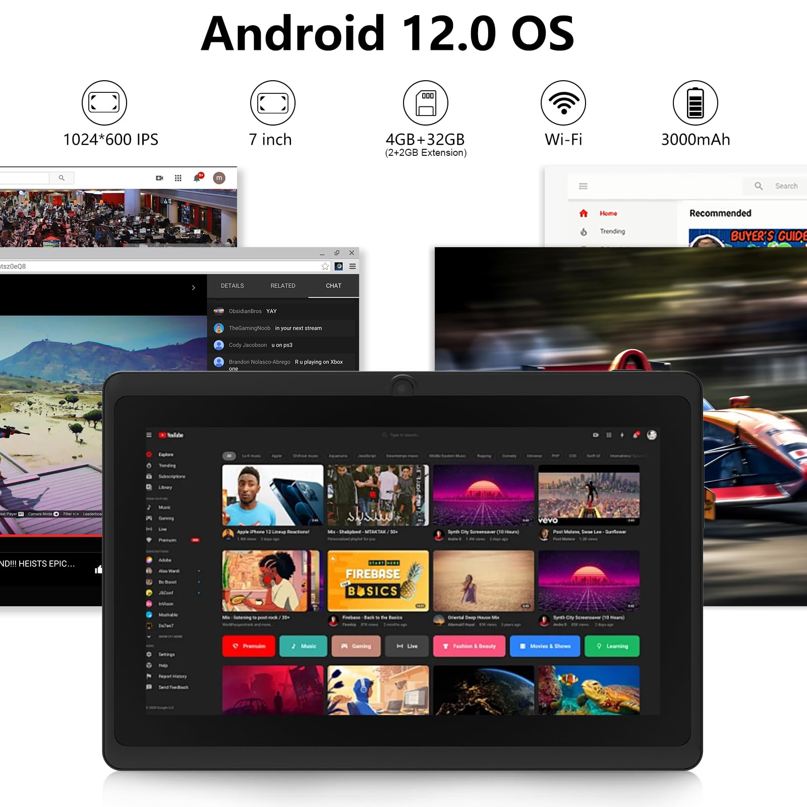 Tablet 7 Inch Android 12 Tablets, 4Gb Ram 32Gb Rom 512Gb Expand, Quad Core Processor Tablet Pc, Wifi, Bluetooth, 3000Mah Battery