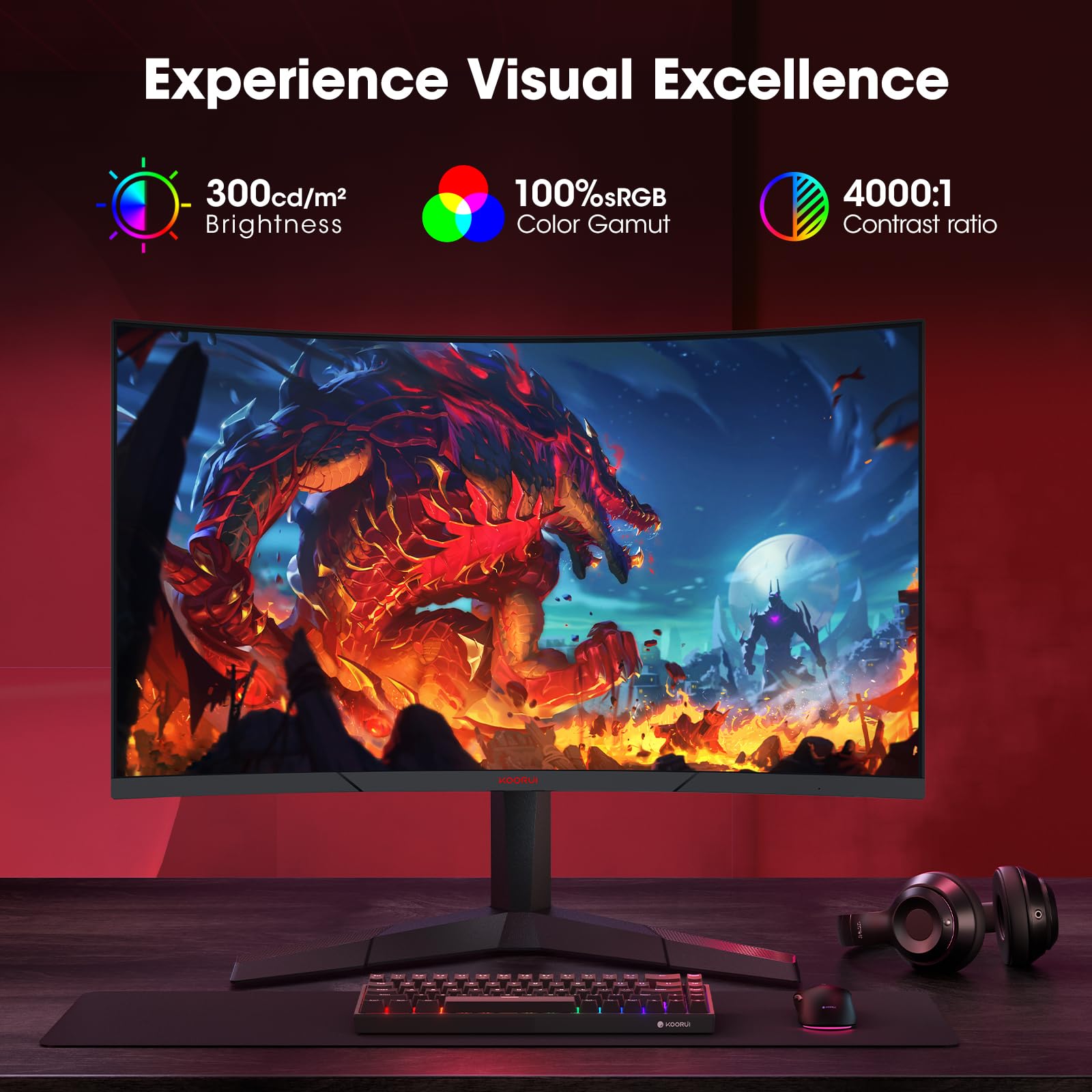 Koorui 27 Inch Gaming Monitor, Qhd (2560 X 1440) R1500 180Hz Curved Monitor, Adaptivesync With 1Ms Computer Monitor, Vesa Compat