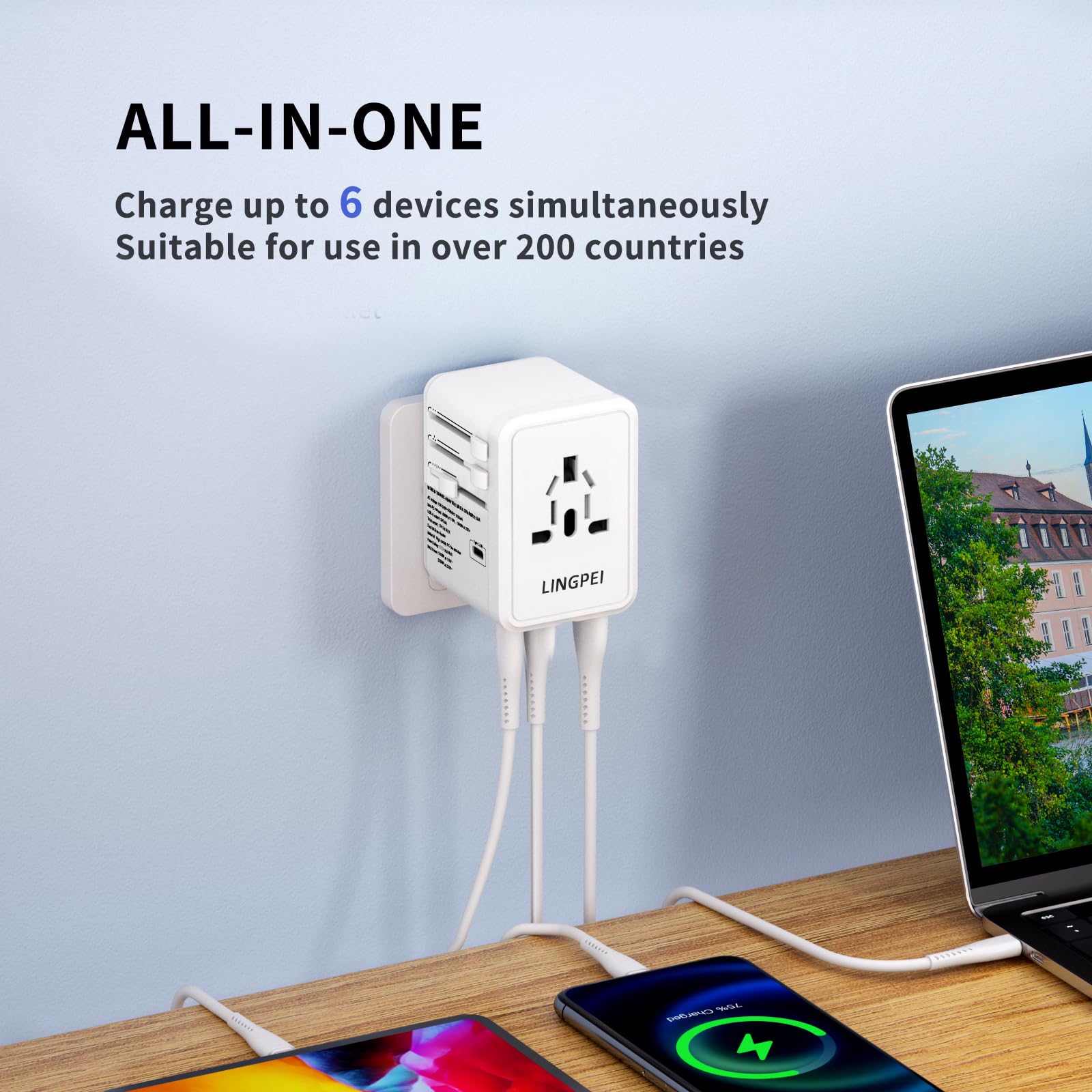 Universal Travel Adapter, Travel Charger 5.8A Smart Power Plug Adapter With 3 Usb Type C And 2 Usb A Power Adapters, For Usa, Eu