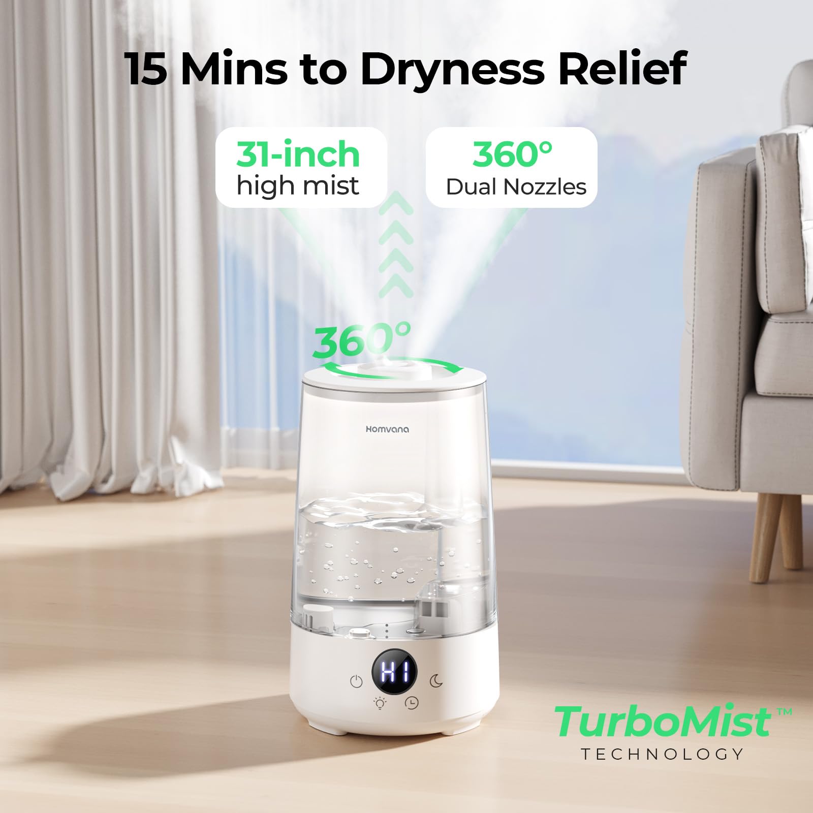 Homvana Humidifiers For Bedroom Home, 3.6 L Cool Mist Top Fill 34H Super Long Time, Quiet 16Db, Baby Humidifier, Oil Diffuser, P