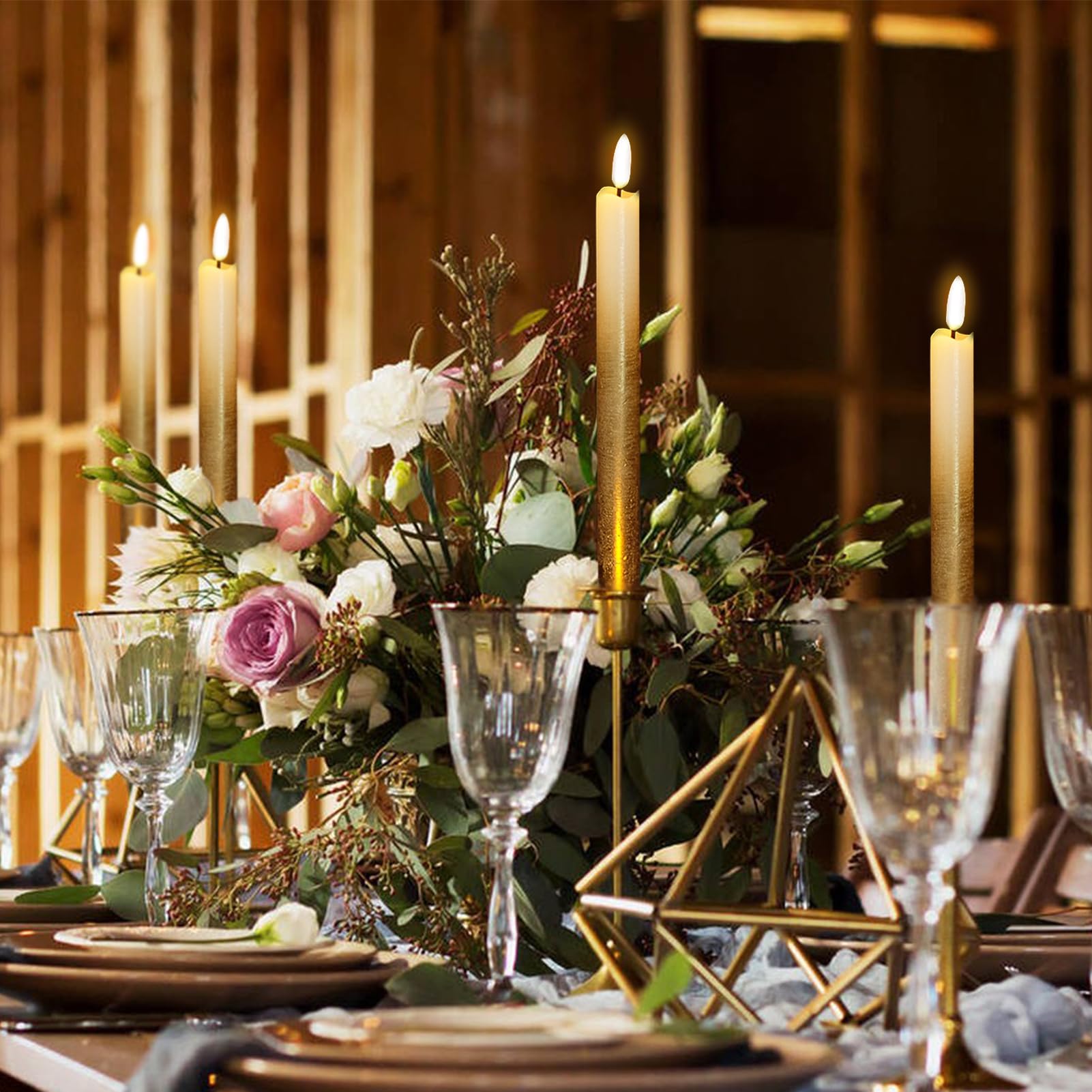 Dromance Gold Flameless Taper Candles Battery Operated With Remote Timer, Real Wax 3D Wick Flickering Led Taper Candles Dinner W