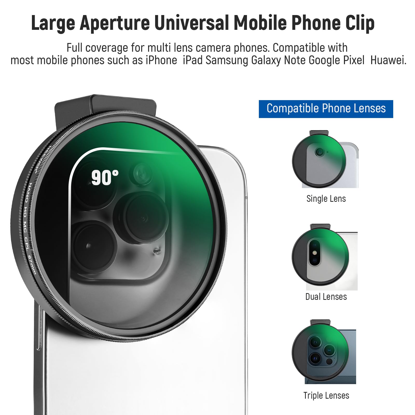 Neewer Cpl Filter For Phone, 67Mm Camera Lens Polarizing Filter With Metal Cold Shoe Phone Clip Compatible With Iphone 15 Pro Ma