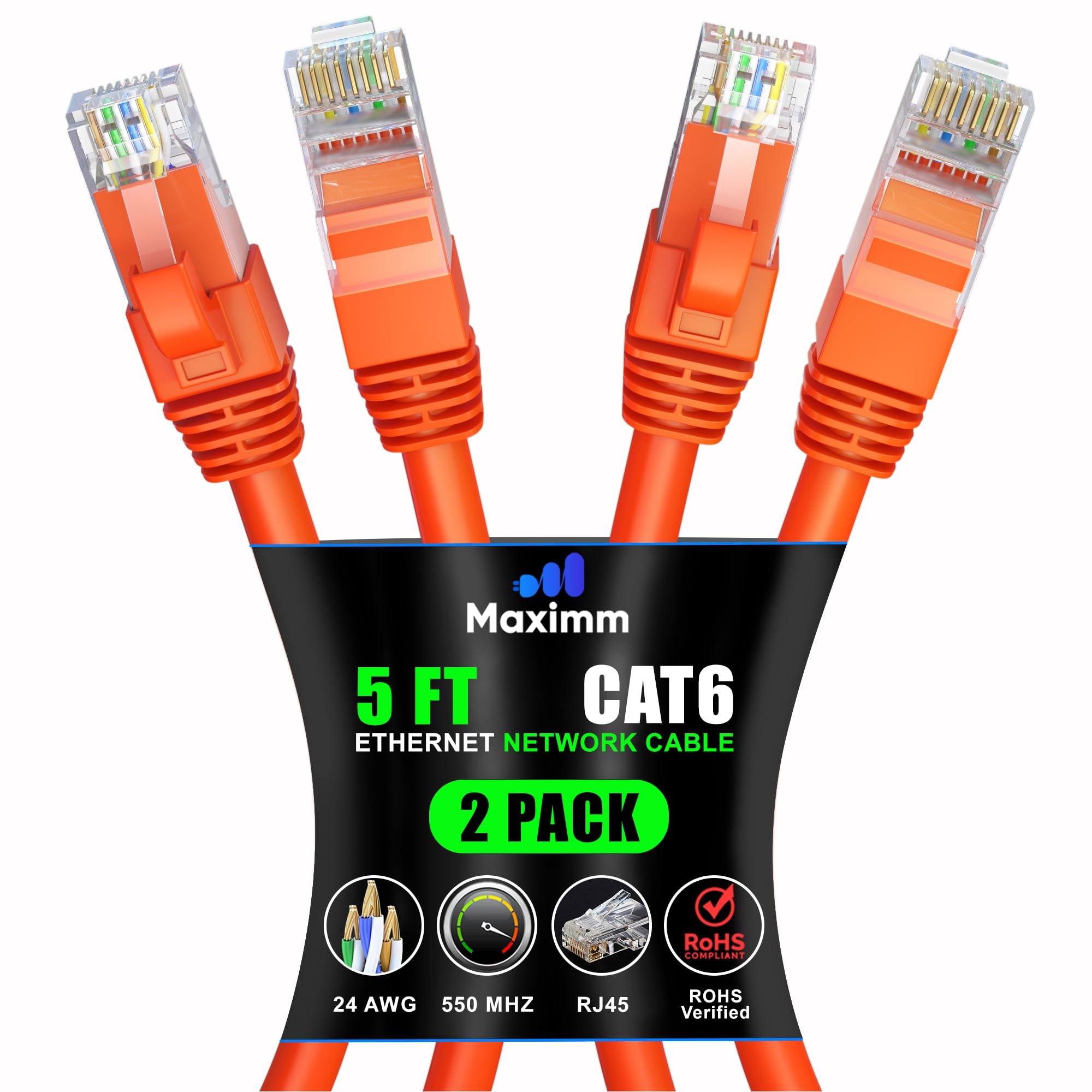 Maximm Cat 6 Ethernet Cable 5 Ft (2 Pack)   High Speed Lan Cable, Internet Cable, Patch Cable, And Network Cable   Utp, 10Gbps, 550Mhz Ethernet Cord   Orange