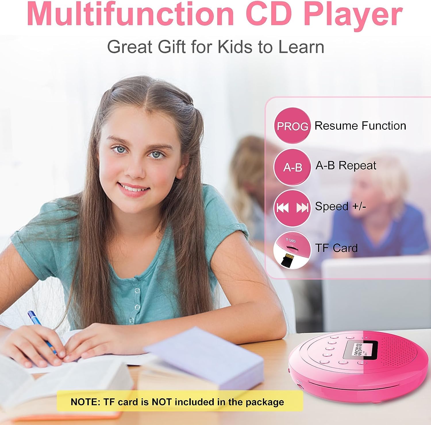 Monodeal Cd Player Portable, Rechargeable Cd Player With Speakers, Anti Skip Cd Player For Car And Home, Walkman Cd Player With Headphones For Audio Book Music (Rose Red)