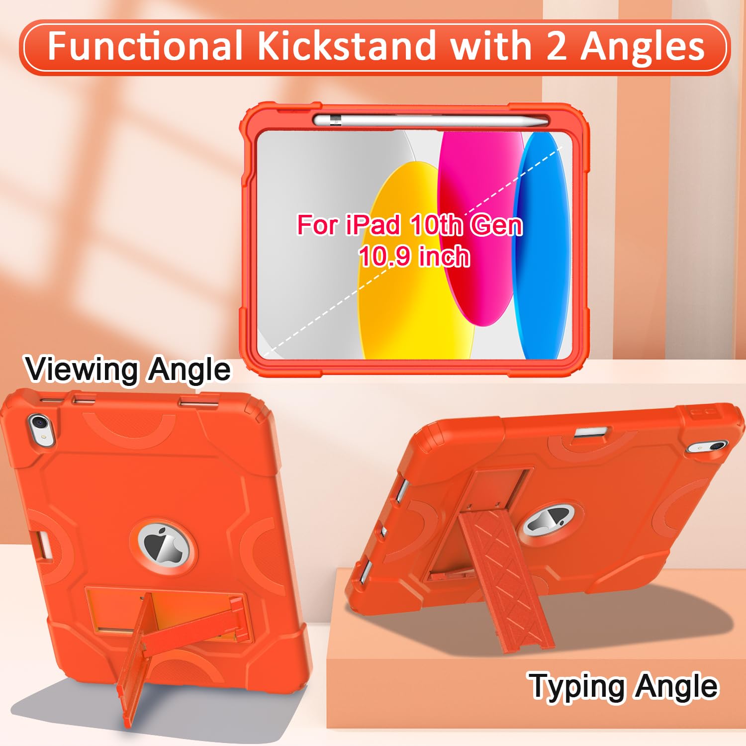 Cantis Heavy Duty Shockproof Rugged Case For Ipad 10Th Gen 10.9 Inch 2022, Orange With Kickstand & Pencil Holder