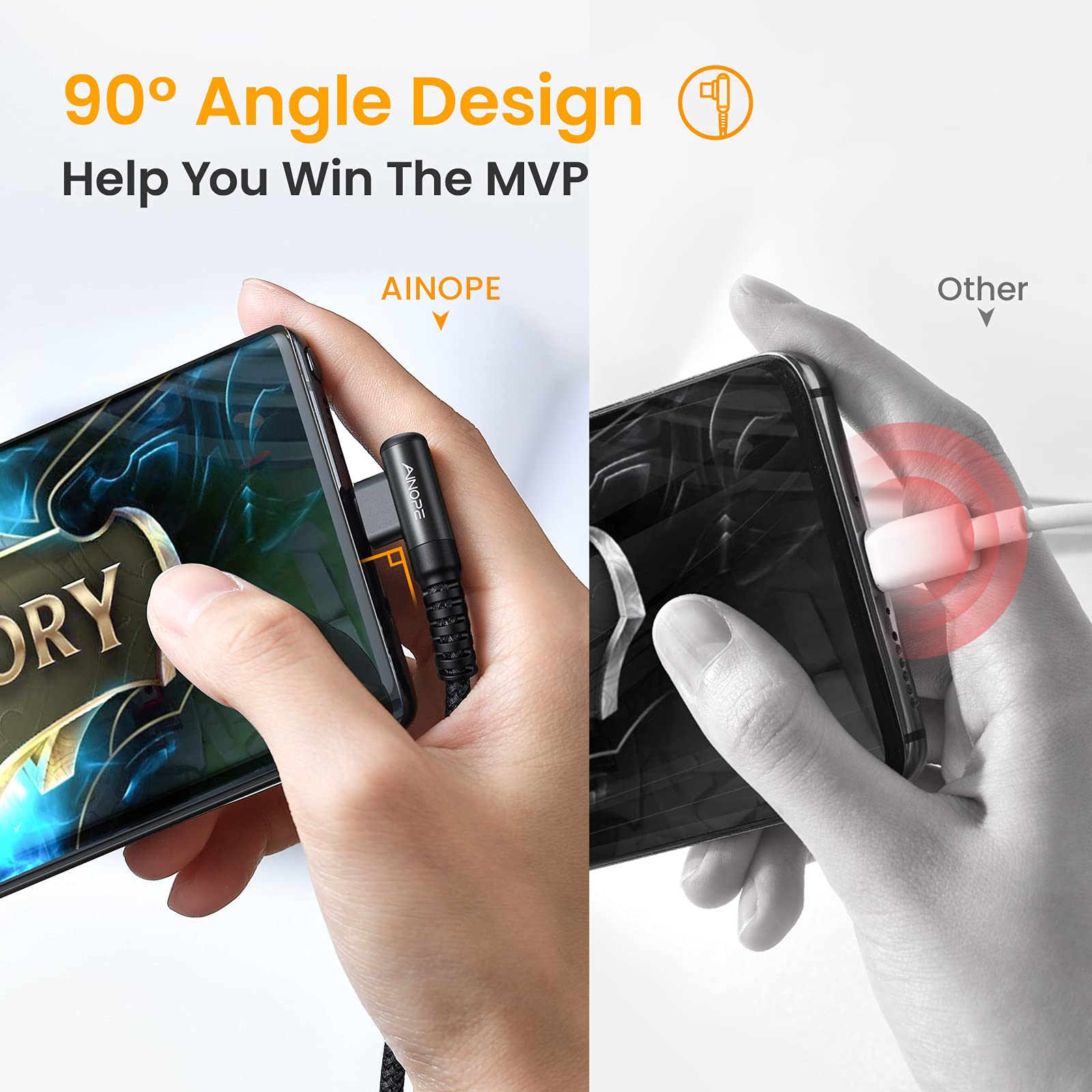 Ainope Usb C Cable Right Angle (2 Pack, 10Ft+10Ft) 3.1A Type C Charger Fast Charging, Resistant Nylon Braided Usb A To Usb C Cha