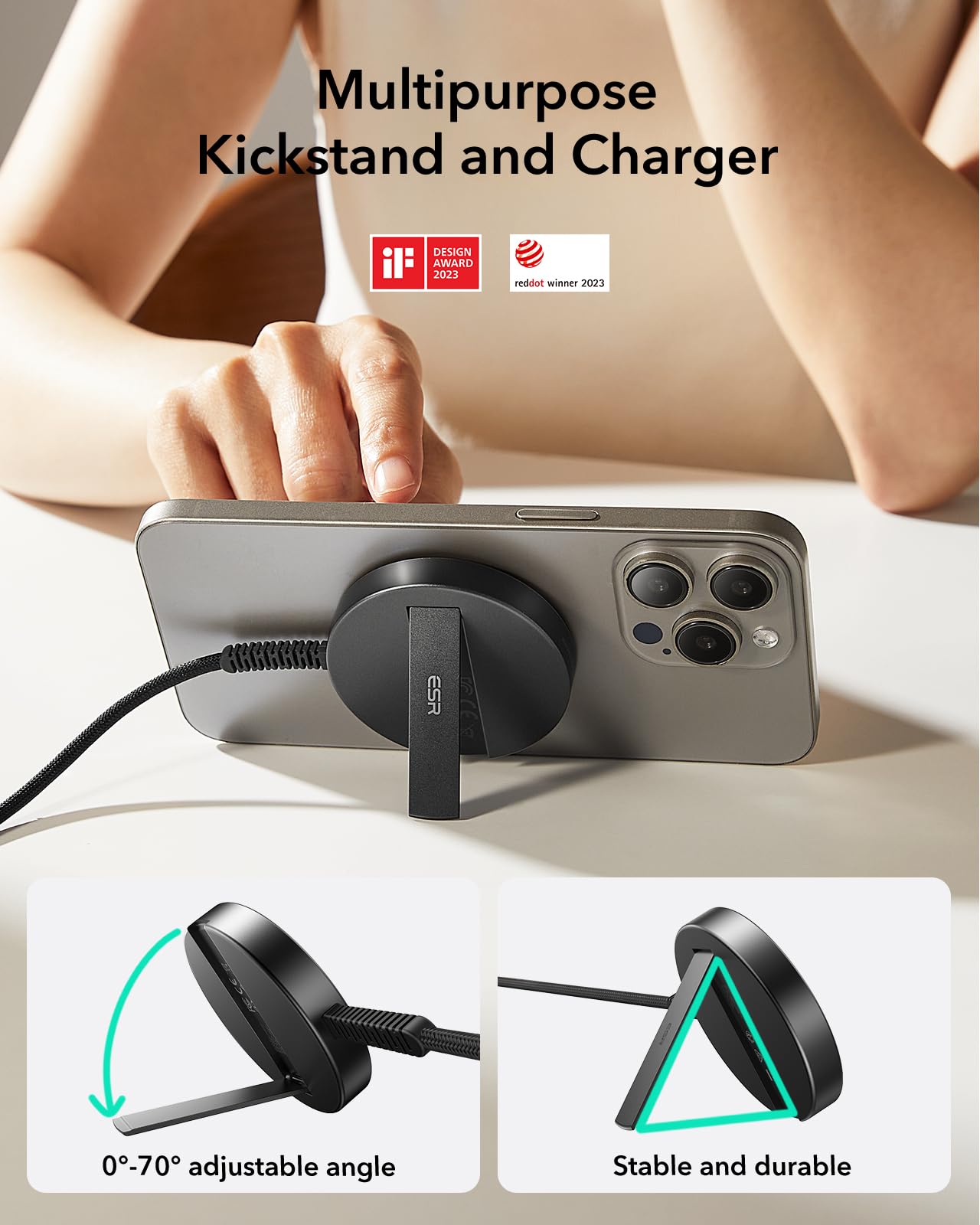 Esr Halolock Qi2 Wireless Charger With Kickstand, Qi2 15W Magsafe Iphone Charger, Wireless Charging Pad For Iphone 15/14/13/12 S