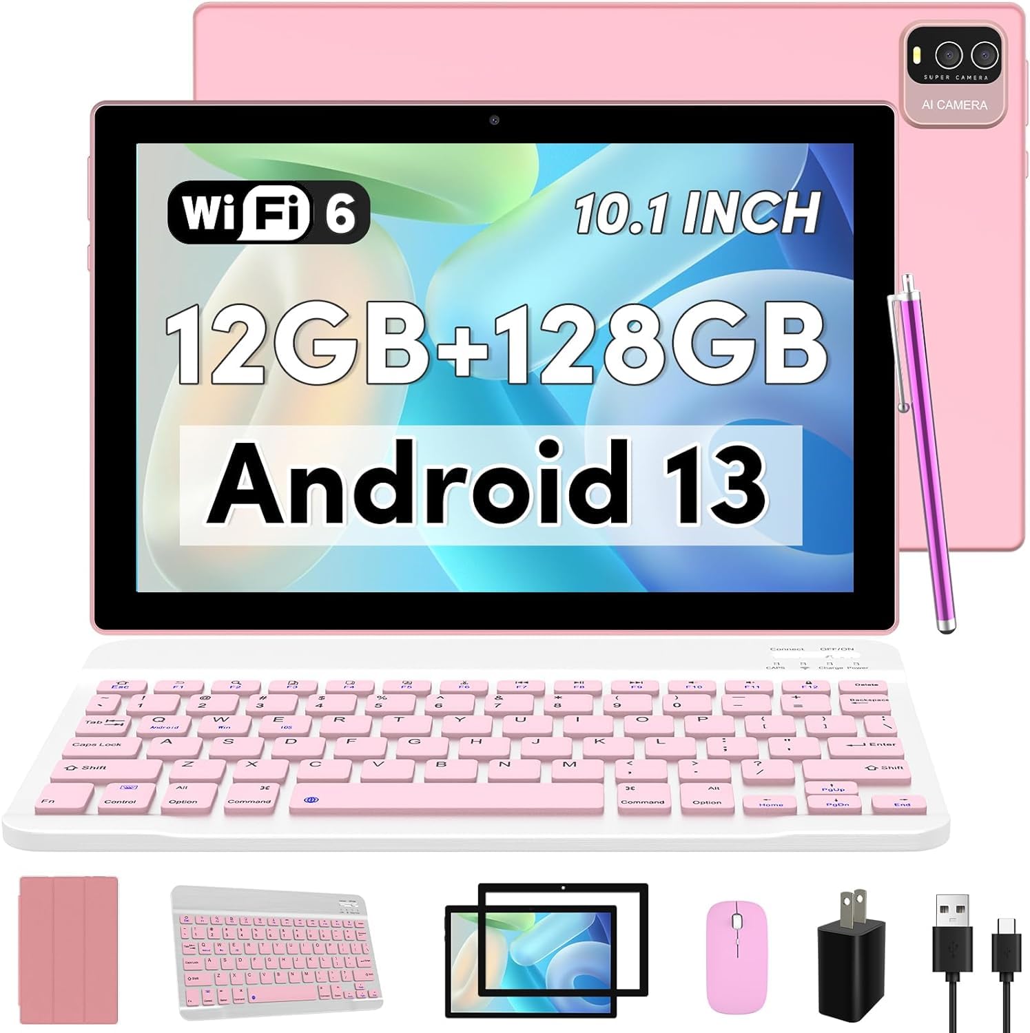 Android 13 Tablet With Keyboard, 10 Inch 2 In 1 Tablets, 12Gb Ram+128Gb Rom 2.0Ghz Cpu Tableta, 2.4G/5G Wifi6 Bt 5.0 Tablet Pc, 