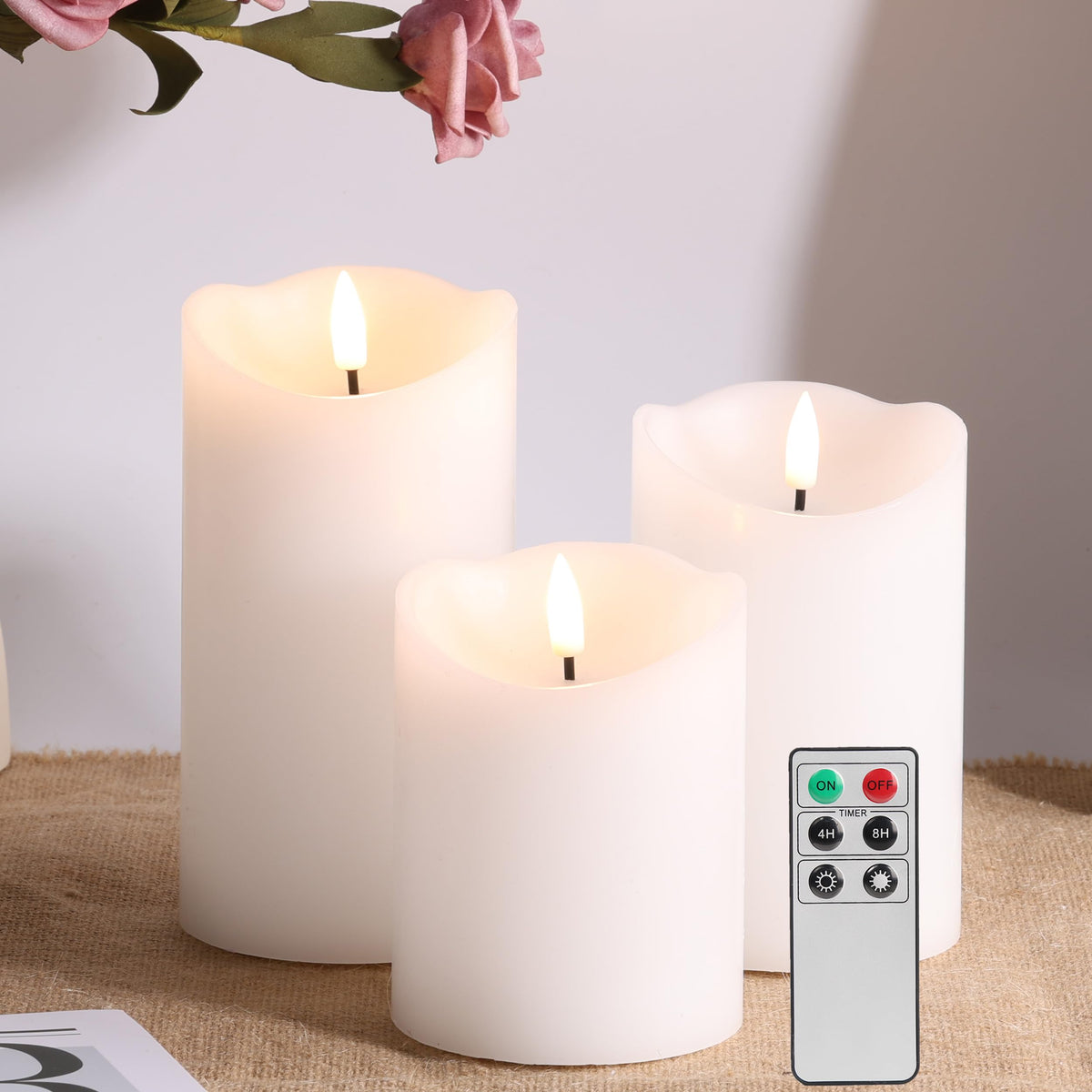 Eywamage White Flameless Pillar Candles With Remote, Flickering Realistic Battery Powered Led Wax Candles, F 3'' H 4'' 5'' 6''