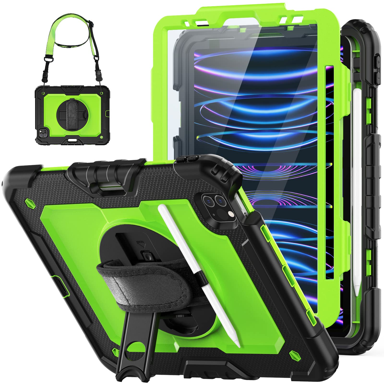 Hxcaseac Case For Ipad Pro 11 Inch Case (2022/2021/2020/2018) Shockproof Design With Pencil Holder/Screen Protector/Rotating Han