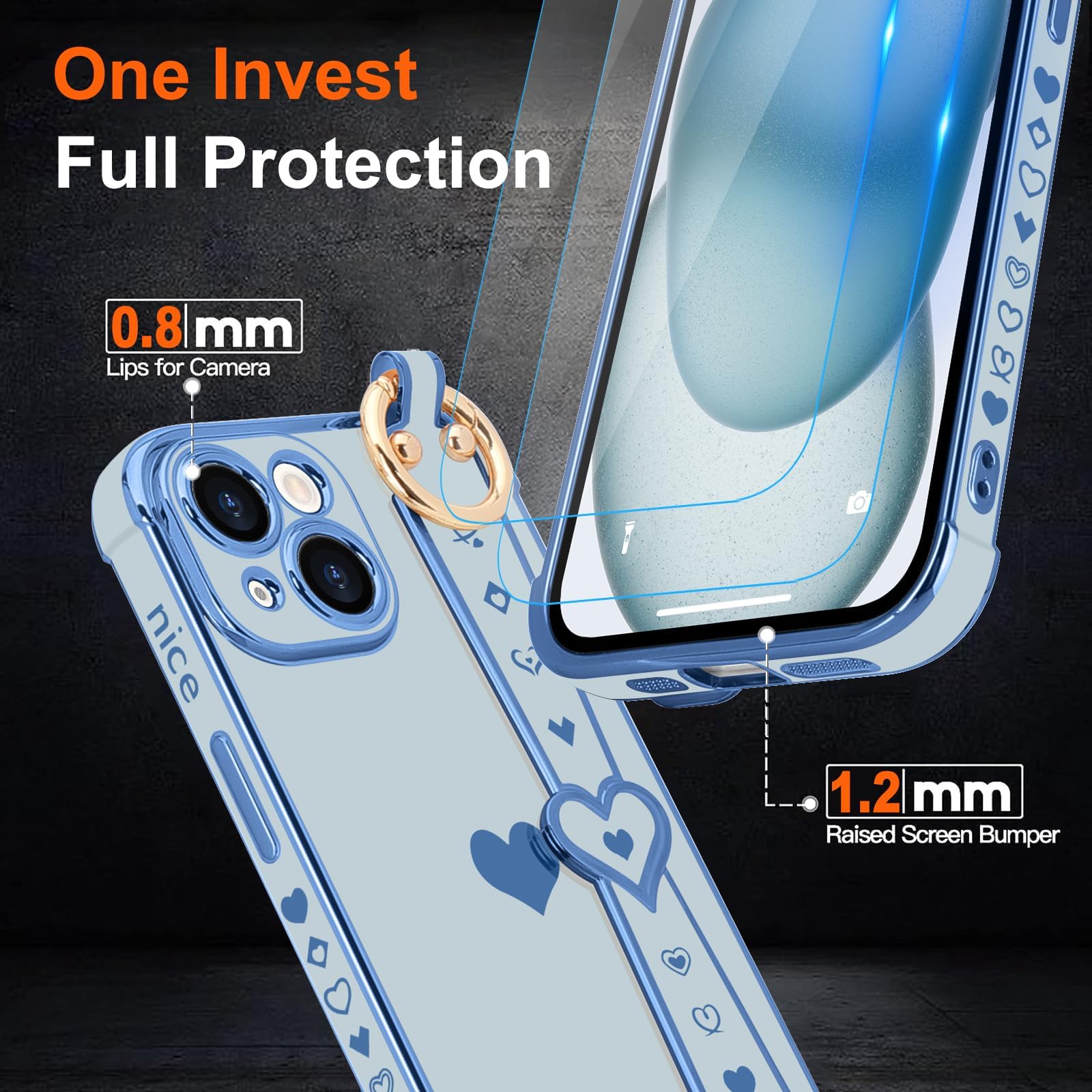 Llz.Coque For Iphone 15 Case With Strap For Women Girls [2   Screen Protectors], Cute Love Hearts Design, Wristband Kickstand Pl