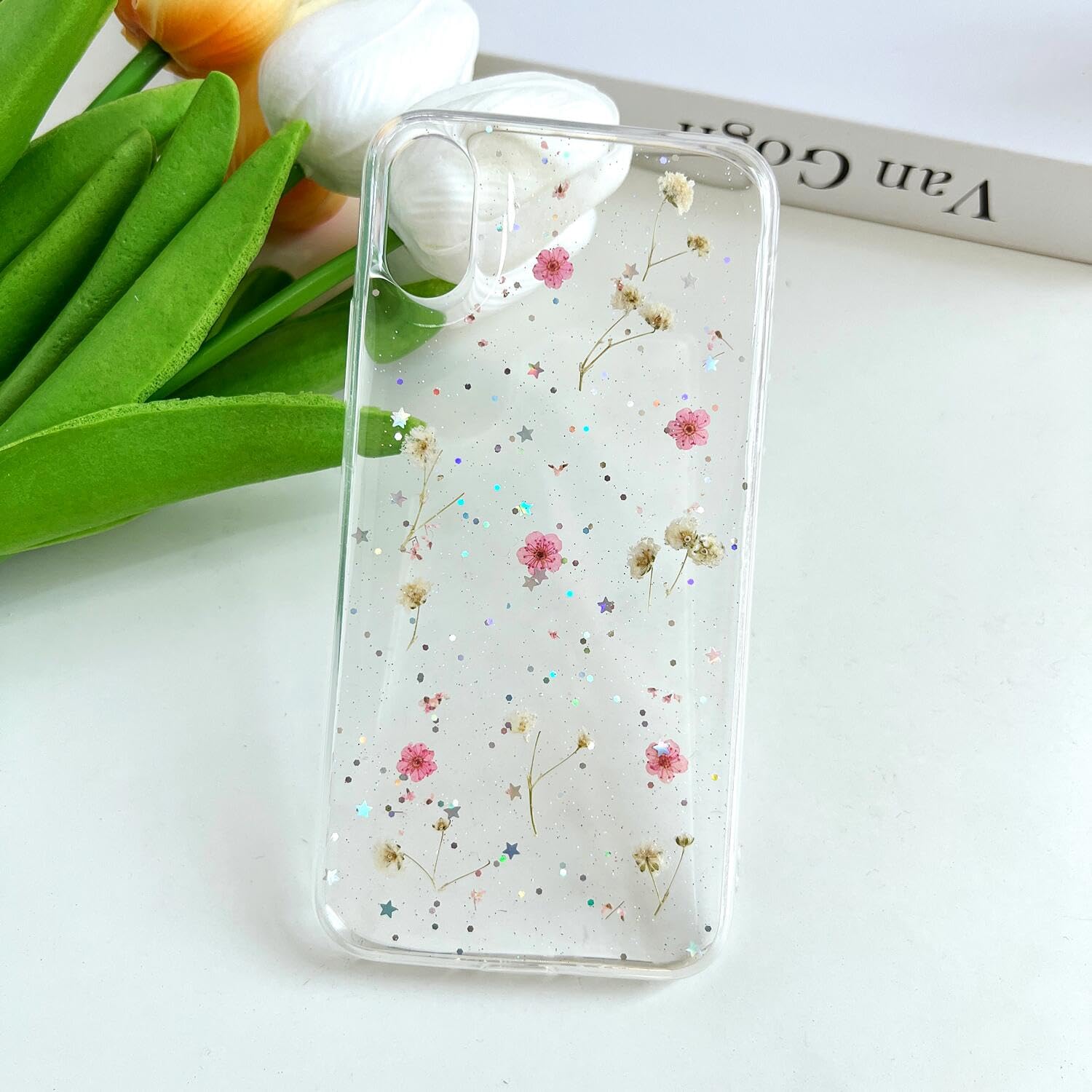 Lseeka For Iphone Xs Max Clear Case With Pressed Real Flowers Design,Glitter Cute Pink Floral Pattern Slim Soft Tpu Protective W