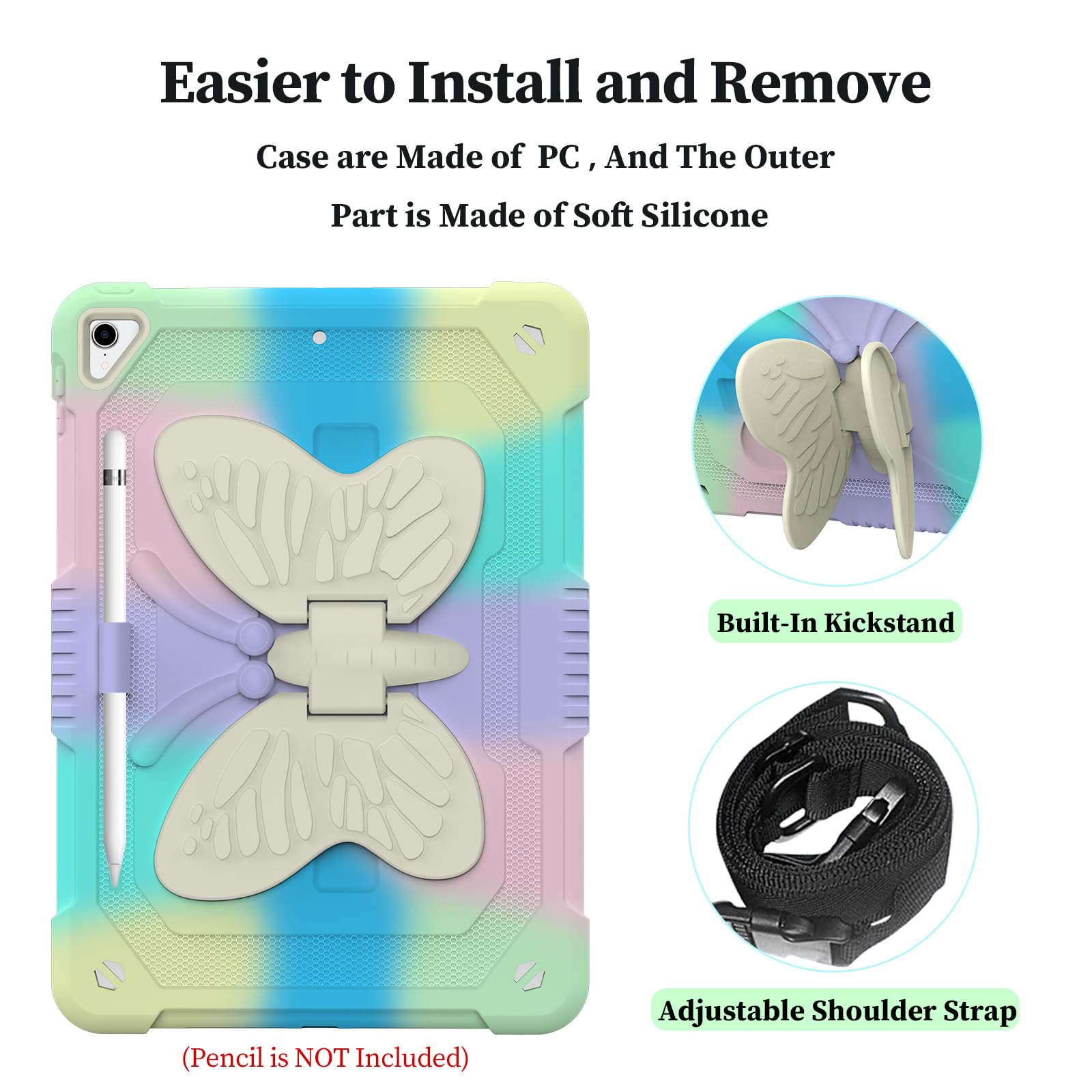 Hogenl For Ipad 9Th 8Th 7Th Generation Case For Kids Girls With Pencil Holder, For Ipad 10.2 Case With Butterfly Stand Shoulder