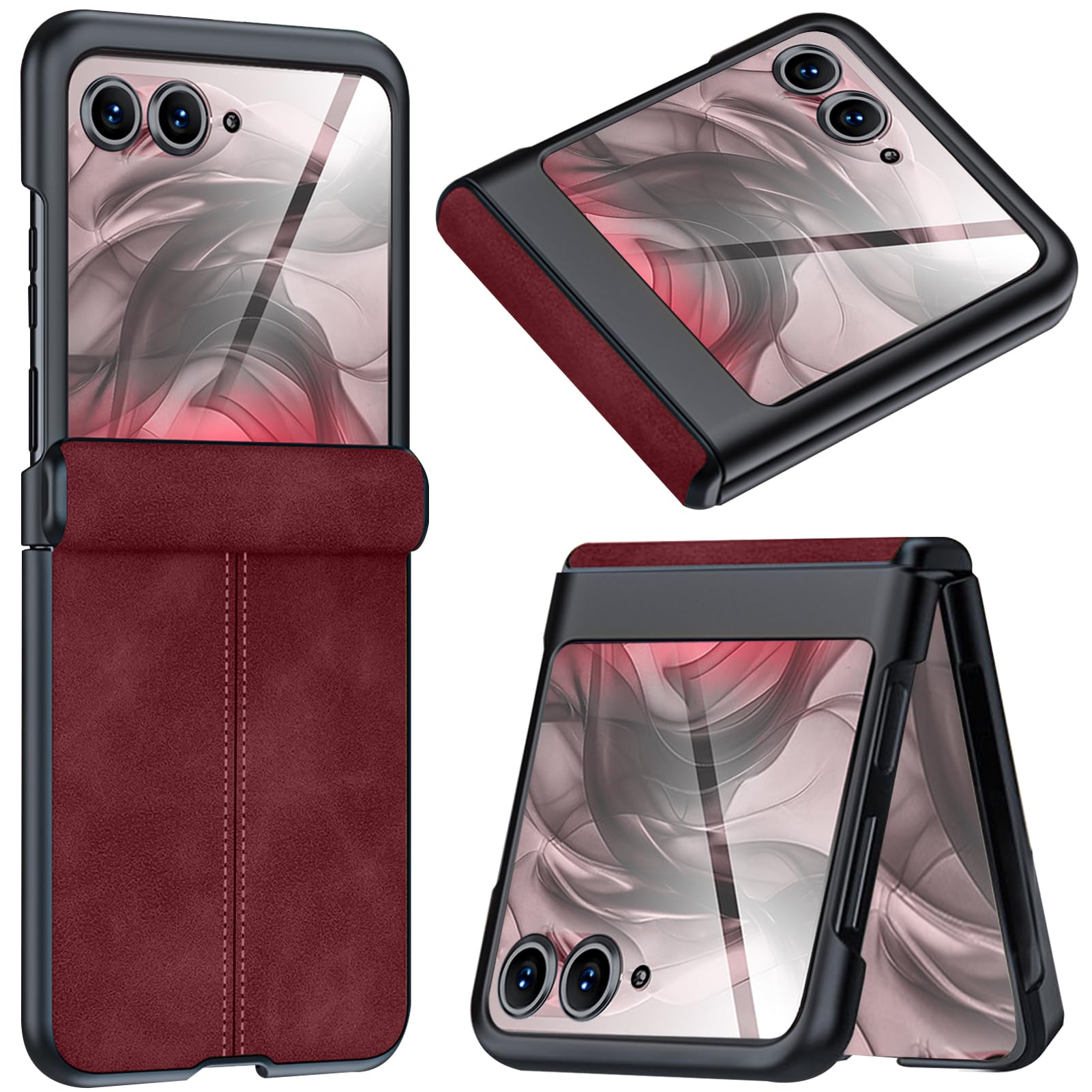 NINKI Leather Case for Motorola Razr 2024 Plus with Built-in Screen Protector,Hinged Shockproof Slim Thin Hard Cover Leather Mat