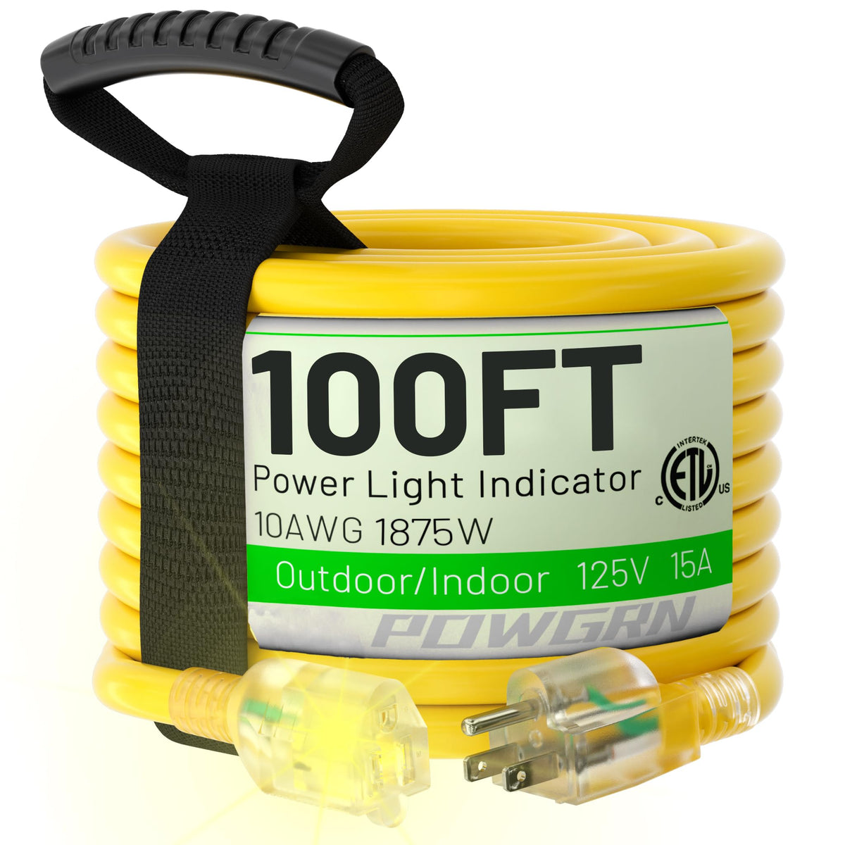 Powgrn 100 Ft 10/3 Outdoor Extension Cord Waterproof Heavy Duty 10 Gauge 3 Prong, Flexible Cold Resistant Long Power Cord Outsid
