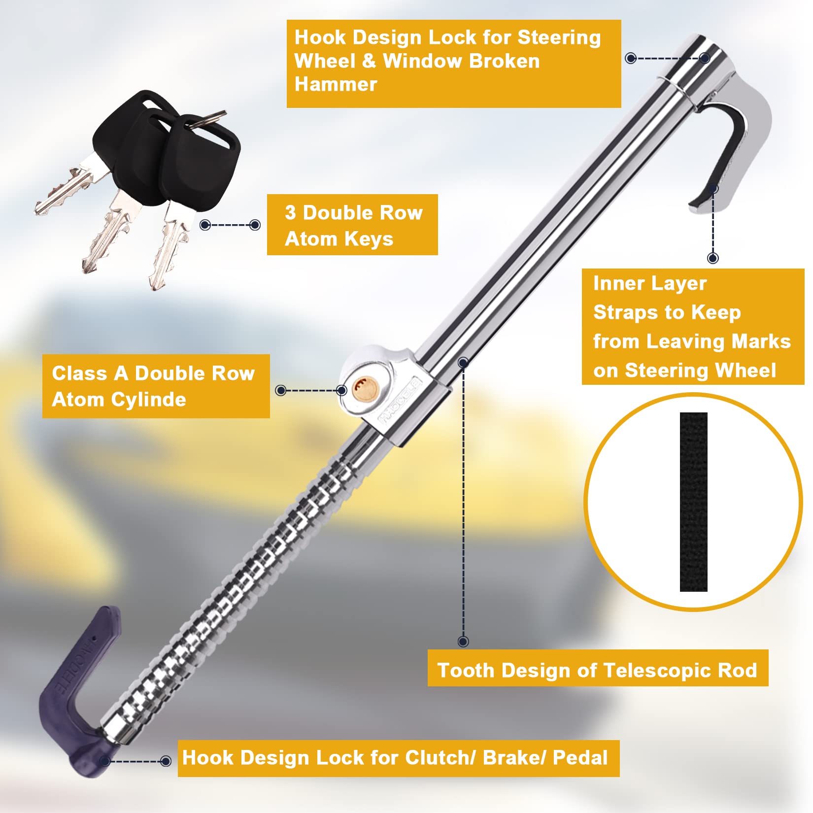 Tevlaphee Universal Steering Wheel Brake Lock Anti Theft Retractable Double Hook Car Clutch Pedal Lock For Car Truck Suv Van Sec