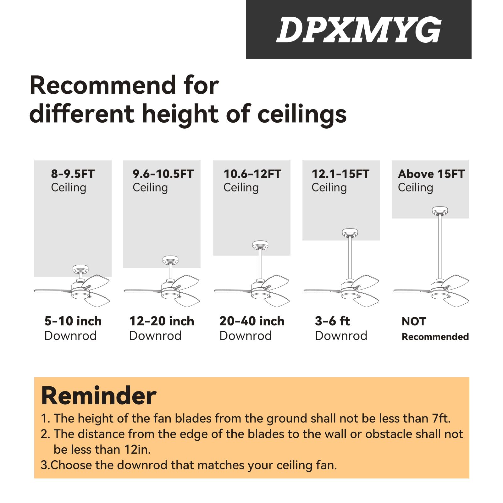 Dpxmyg 72 Inch Ceiling Fan Downrod With Extension Cord, 6 Ft Black Downrod For Ceiling Fan, 1 Inch Outside Diameter, Ceiling Fan