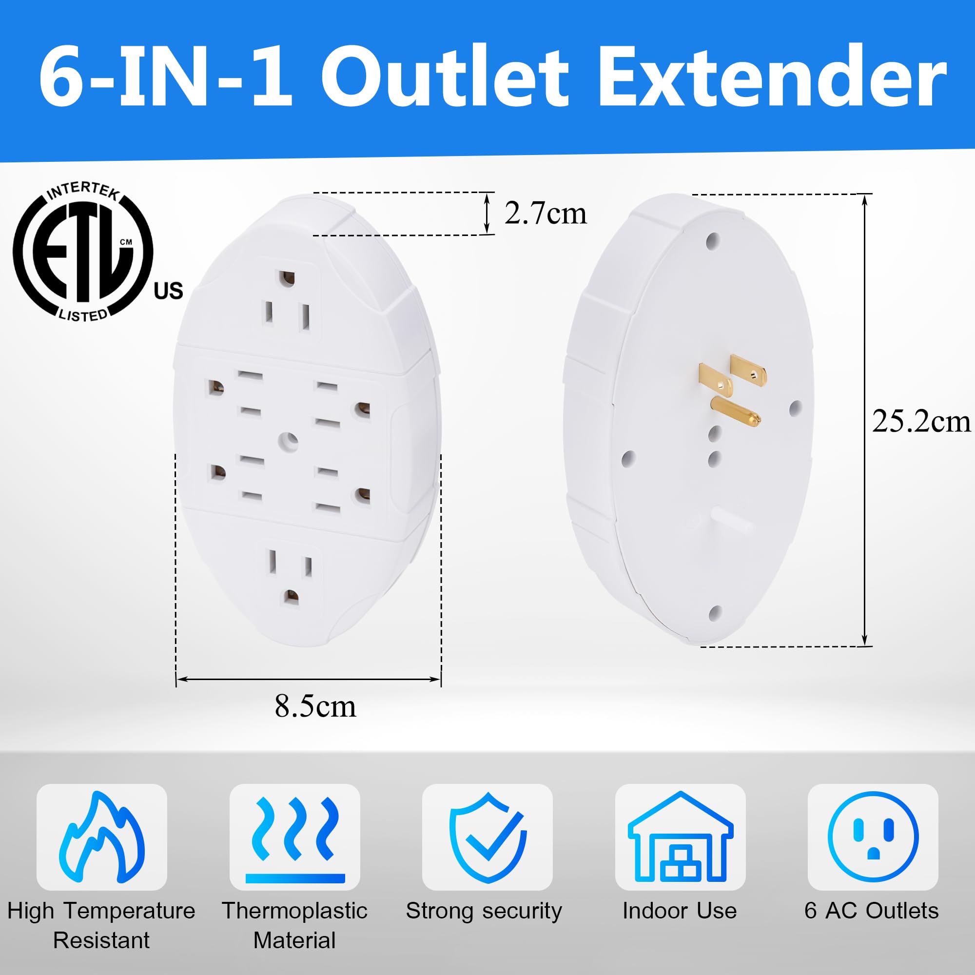 6 Outlet Extender, 3 Prong Electrical Outlet Splitter, Multi Plug Outlet, Easy Install, Grounded Wall Tap, Space Saving Design,