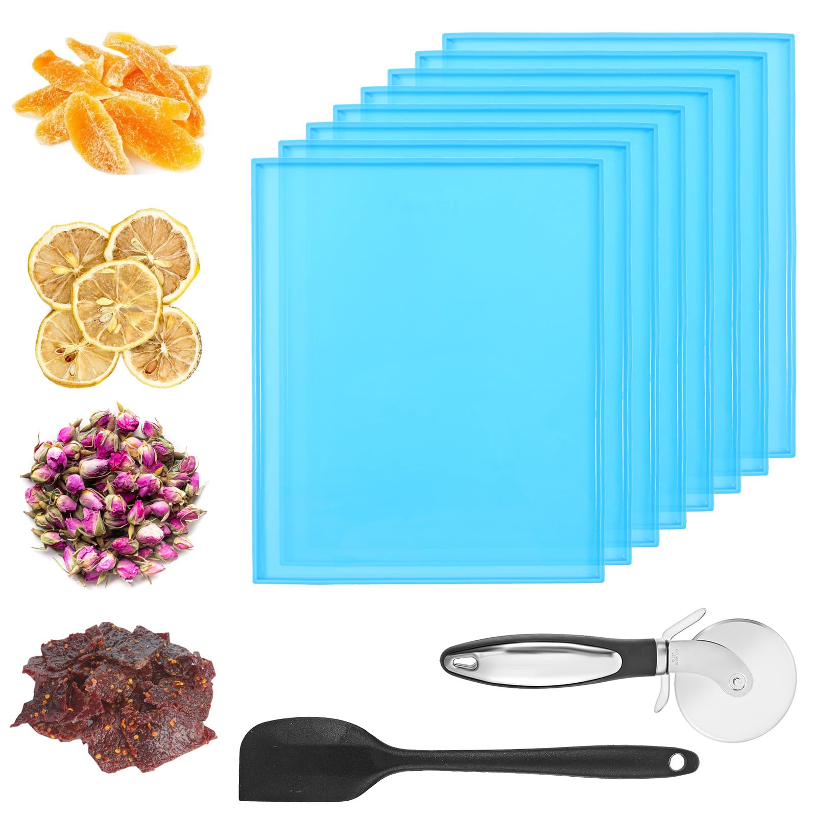 8PCS Silicone Dehydrator Trays with Edge Fruit Leather Trays 12 x 10 Inch Non-stick Dehydrator Mats with Silicone Scraper Cutter