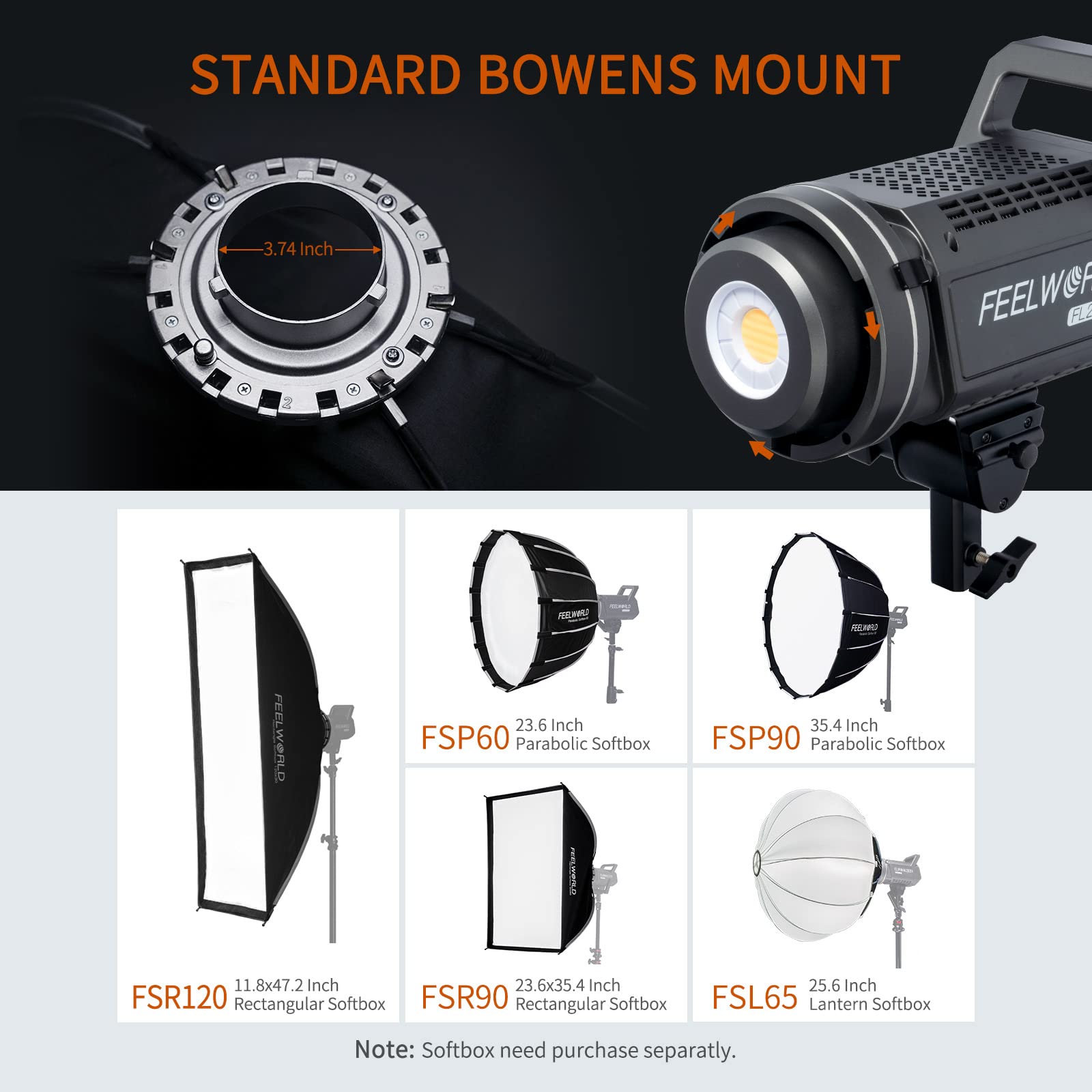 Feelworld Fl225B 2700K~6500K Bi Color Video Studio Light 225W Continuous Lighting Cri96+ Tlci97+ 64500Lux@1M For Film, Live Stre