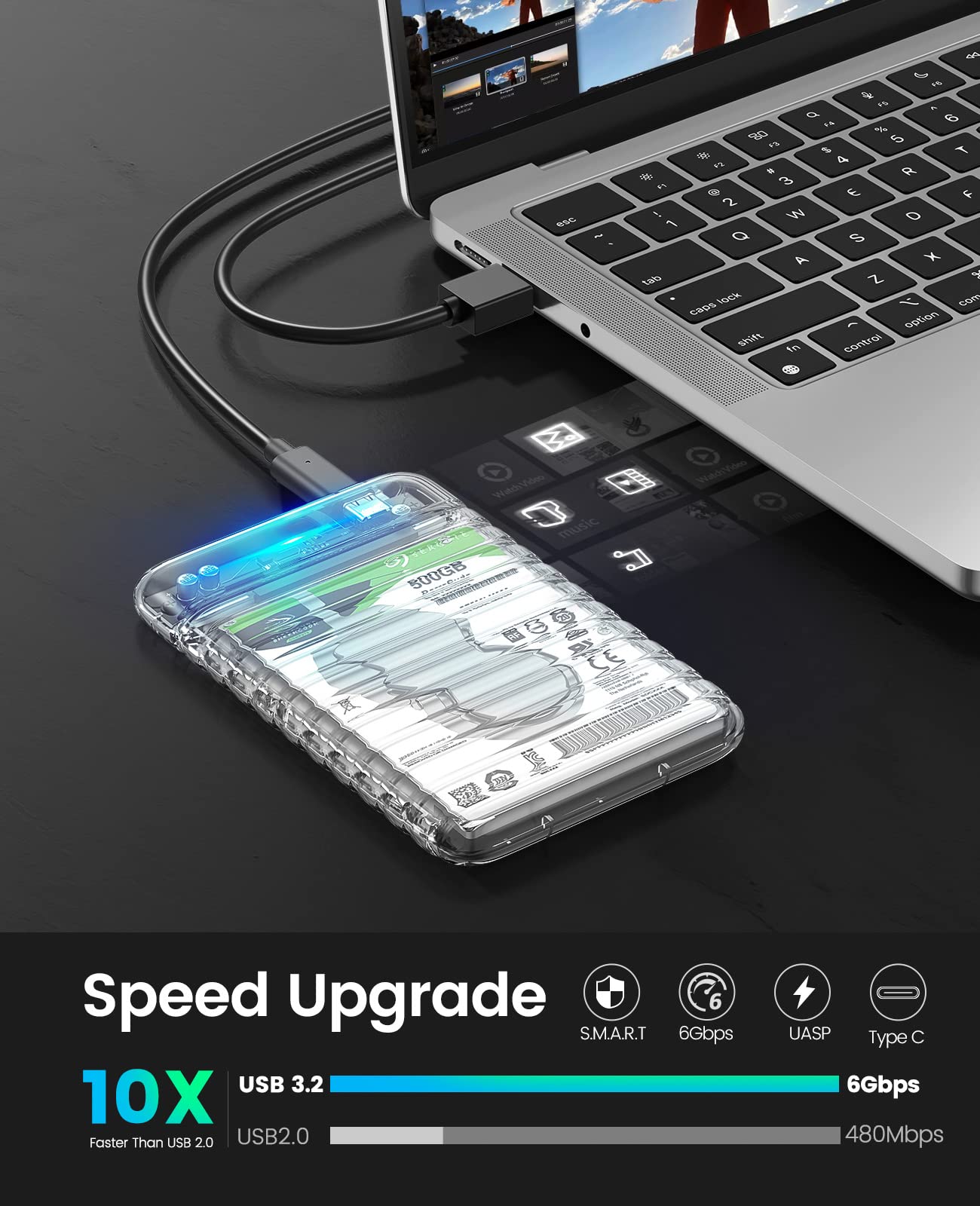 ORICO 2.5 inch Hard Drive Enclosure USB C to SATA III 6Gbps Clear External Hard Drive Case for All 7mm 9.5mm 2.5 inch SATA SSD HDD Up to 6TB, Tool Free, Support USB 3.2 Gen 2 UASP (2139C3)